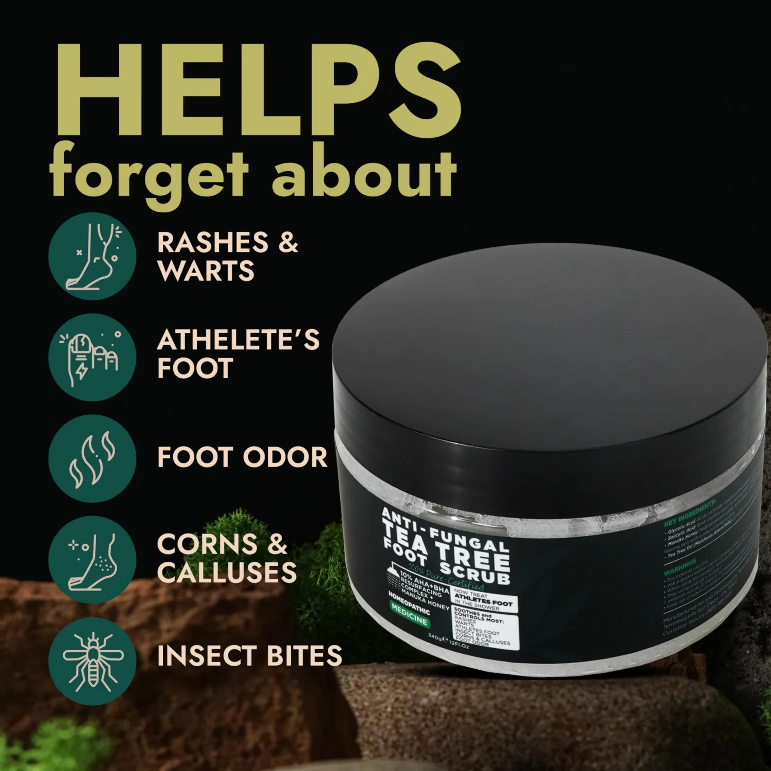 Foot Scrub with Tea Tree Oil | Callus Remover For Feet | Exfoliating Scrub with Salicylic and Glycolic Acid for Dead Skin, Athlete’s Foot, Warts, Corns, Rashes, Foot Odor, Insect Bites and Foot Care