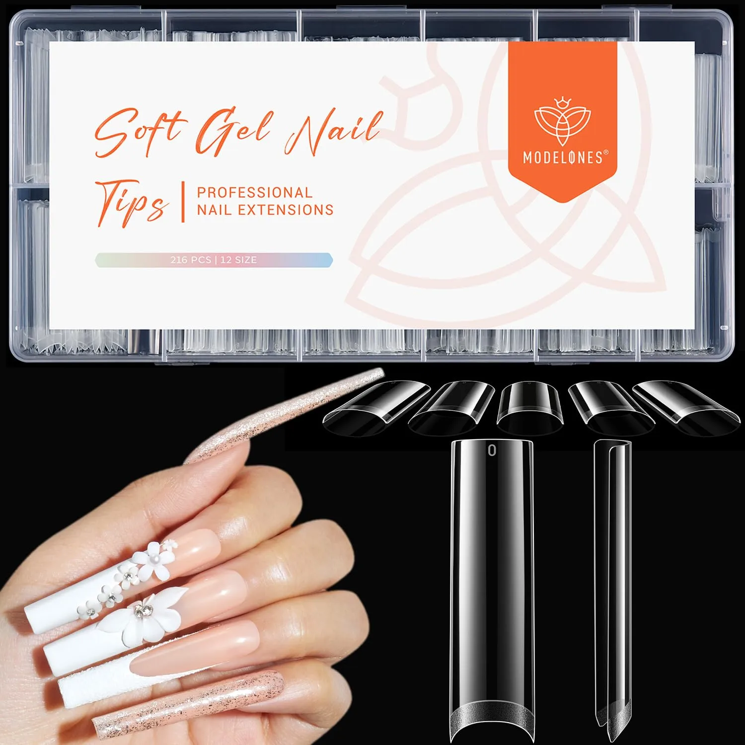 modelones Long Square Nail Tips, 2XXL Straight No C Curve Half Cover Soft Gel Tips Pre-shaped Acrylic Fake Nails False Clear Press on Extension Gel Kit Manicure DIY at Home 216PCS 12Sizes