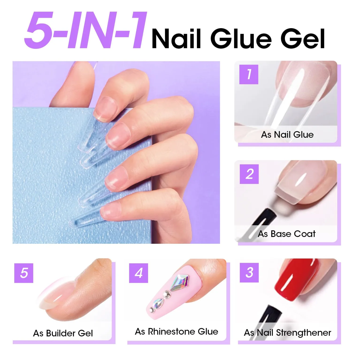 Gellen 5 in 1 Nail Glue for Nail Tips, 15ML Curing Needed UV Glue Gel for Clear Press on & Acrylic Nails, 28+ Days Long Lasting Adhesive Gel, DIY Home Salon Manicure
