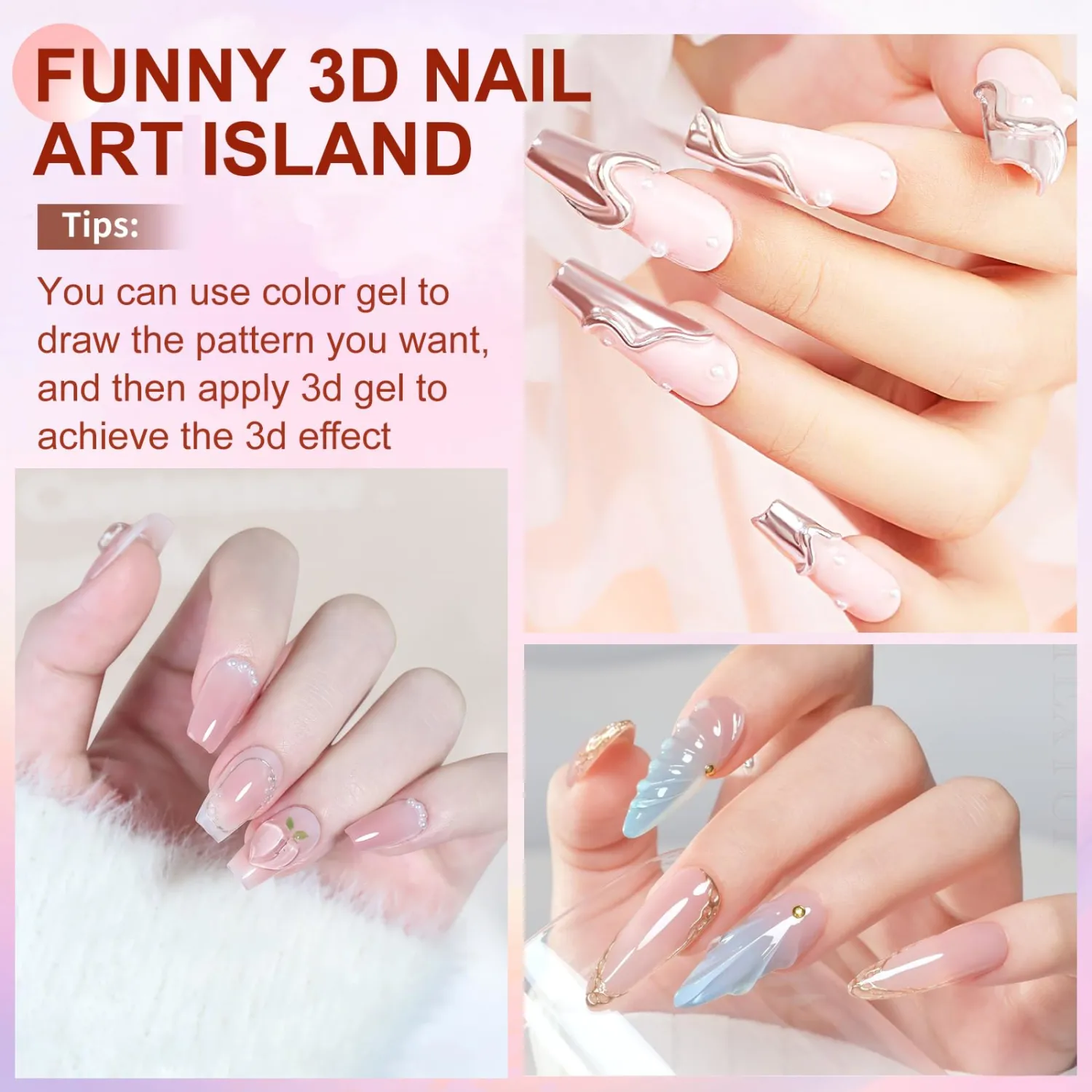 3D Nail Gel Art,15g Pink Sculpting Gel for Carving, Molding and Painting Nail Art Designs, Chrome Nails Powder and Nail Charms,Rhinestone Design No Wipe Lamp Curing Needed for Drawing