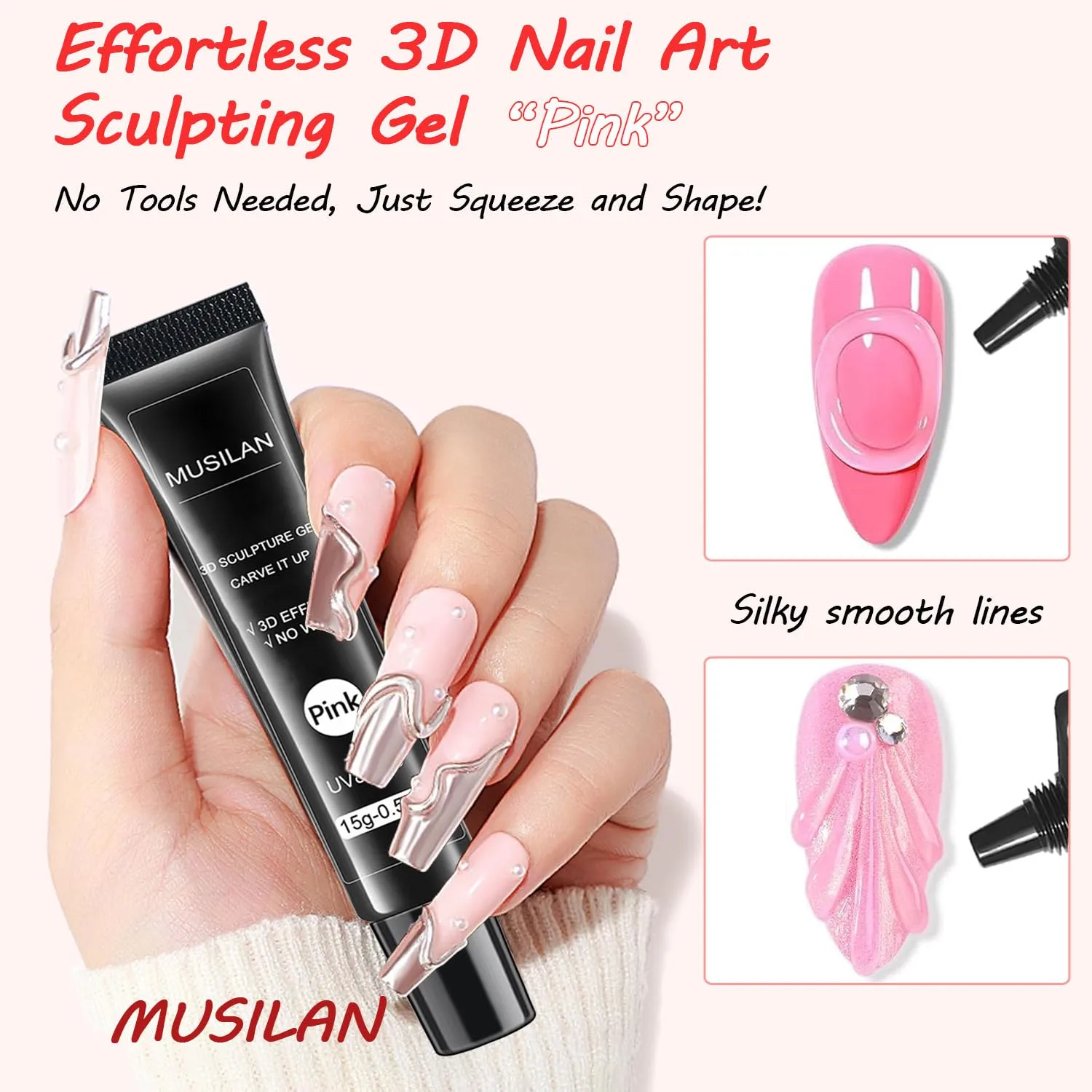 3D Nail Gel Art,15g Pink Sculpting Gel for Carving, Molding and Painting Nail Art Designs, Chrome Nails Powder and Nail Charms,Rhinestone Design No Wipe Lamp Curing Needed for Drawing