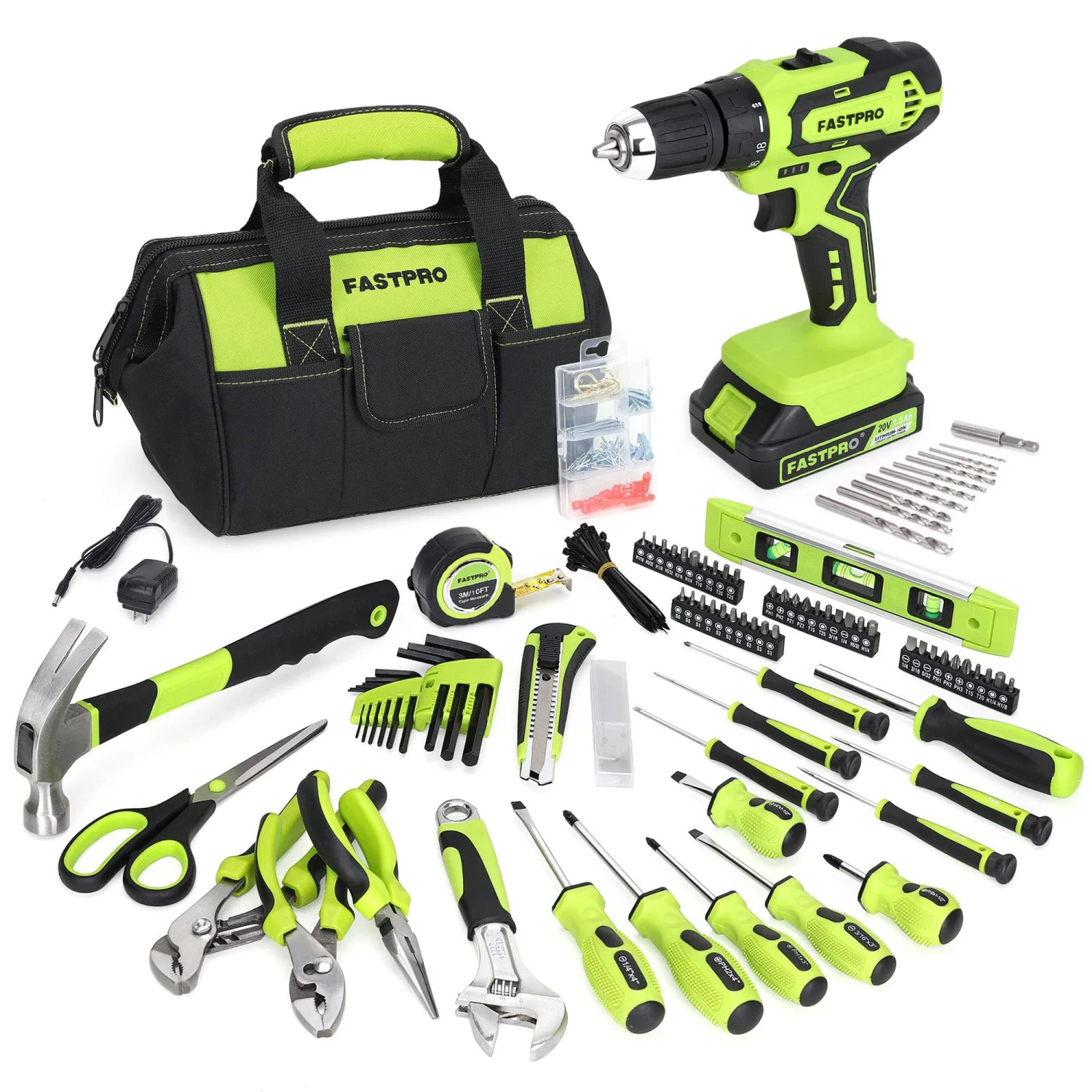 FASTPRO 232-Piece 20V Cordless Lithium-Ion Drill Driver & Home Tool Set, Household Repairing Tool Kit with Drill, 12-Inch Wide Mouth Storage Tool Bag, Green