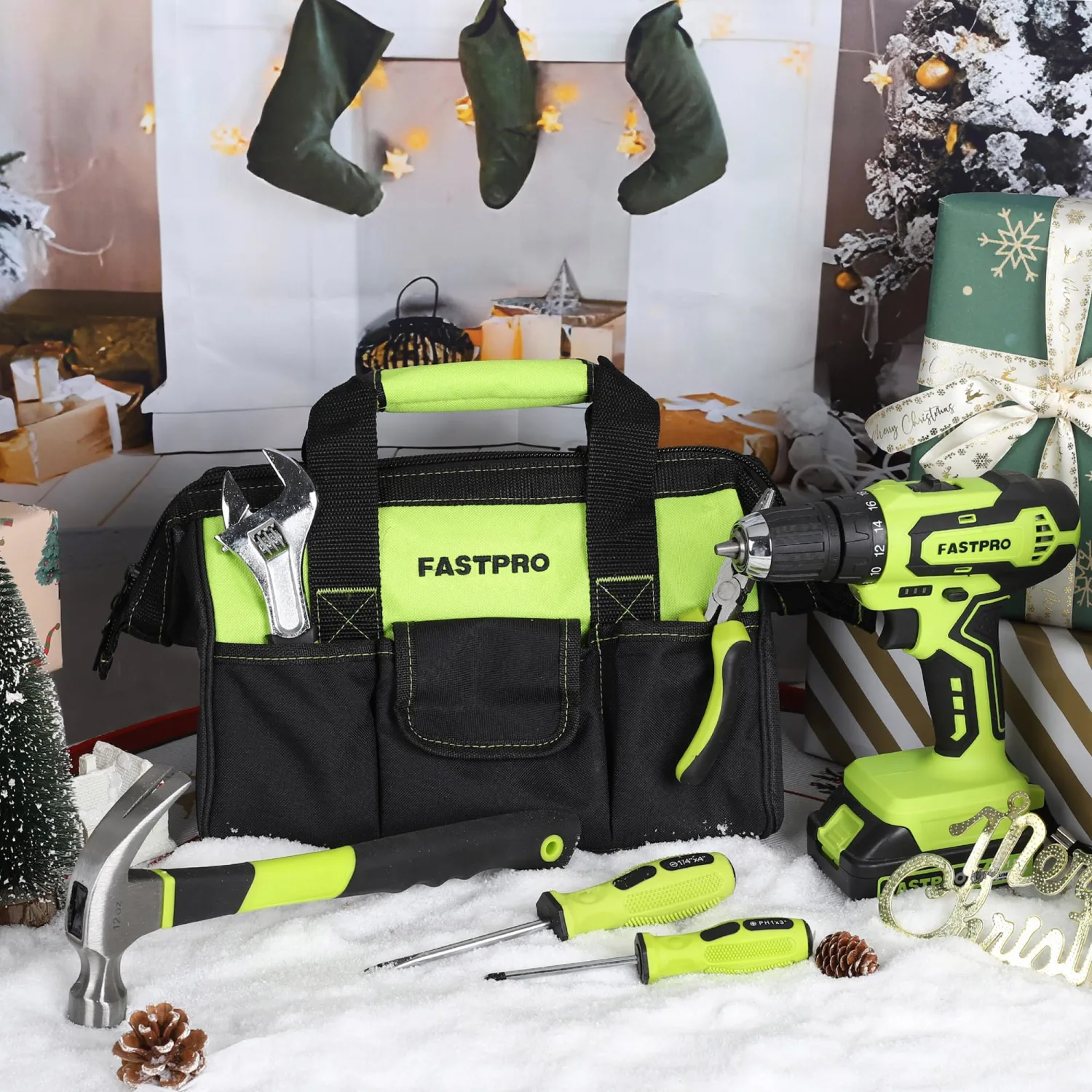 FASTPRO 232-Piece 20V Cordless Lithium-Ion Drill Driver & Home Tool Set, Household Repairing Tool Kit with Drill, 12-Inch Wide Mouth Storage Tool Bag, Green