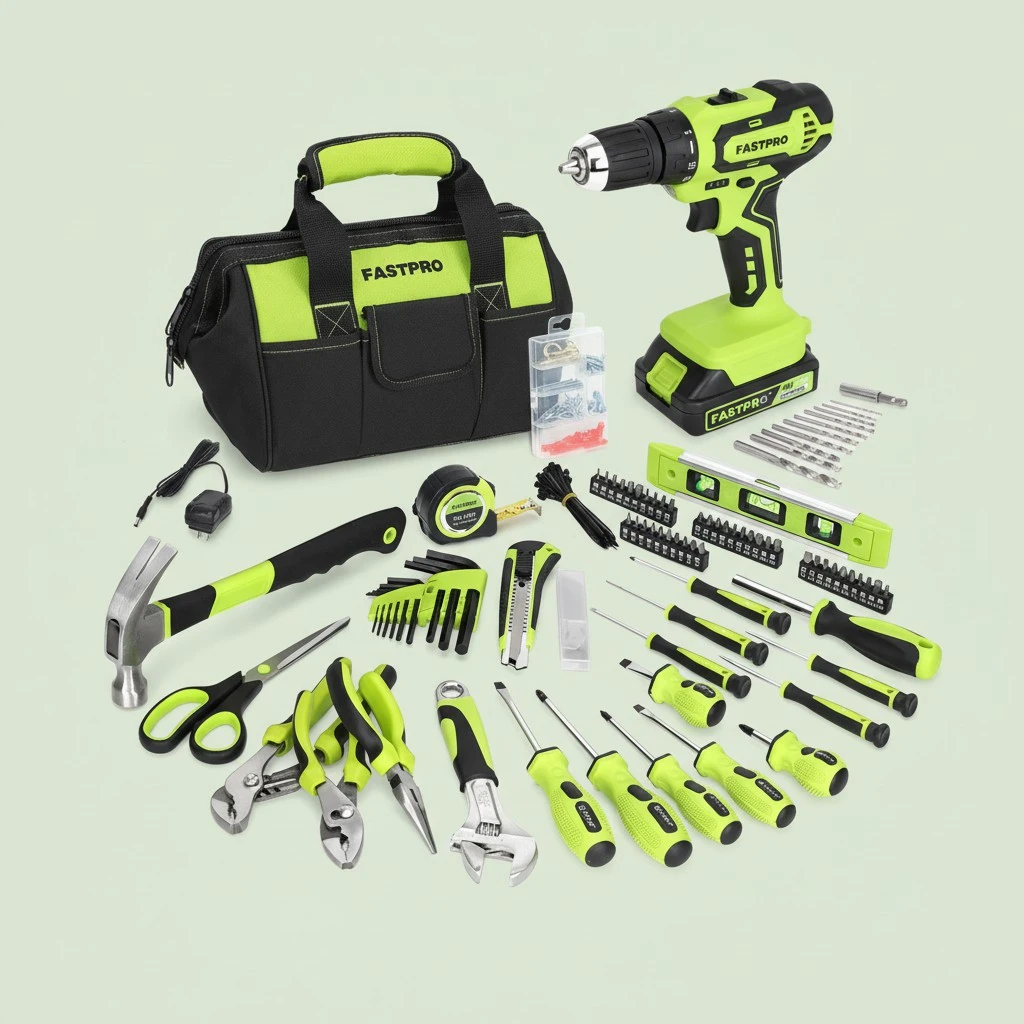 FASTPRO 232-Piece 20V Cordless Lithium-Ion Drill Driver & Home Tool Set, Household Repairing Tool Kit with Drill, 12-Inch Wide Mouth Storage Tool Bag, Green