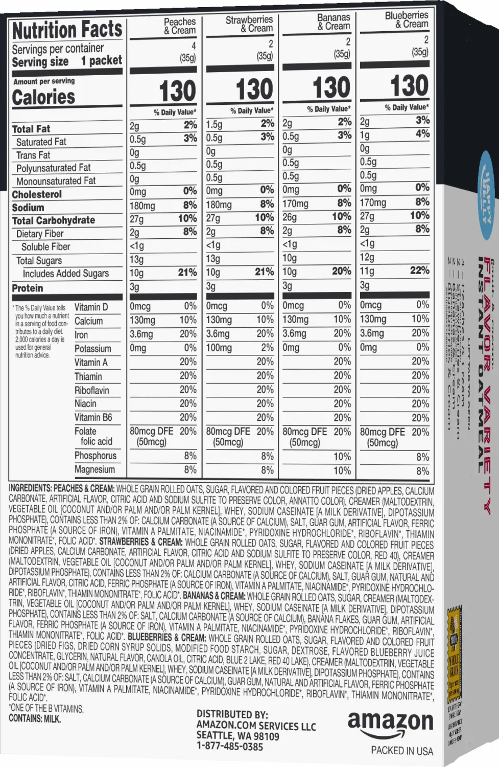 Amazon Brand - Happy Belly Instant Oatmeal, Fruit & Cream Variety Pack, 1.23 ounce (Pack of 10)
