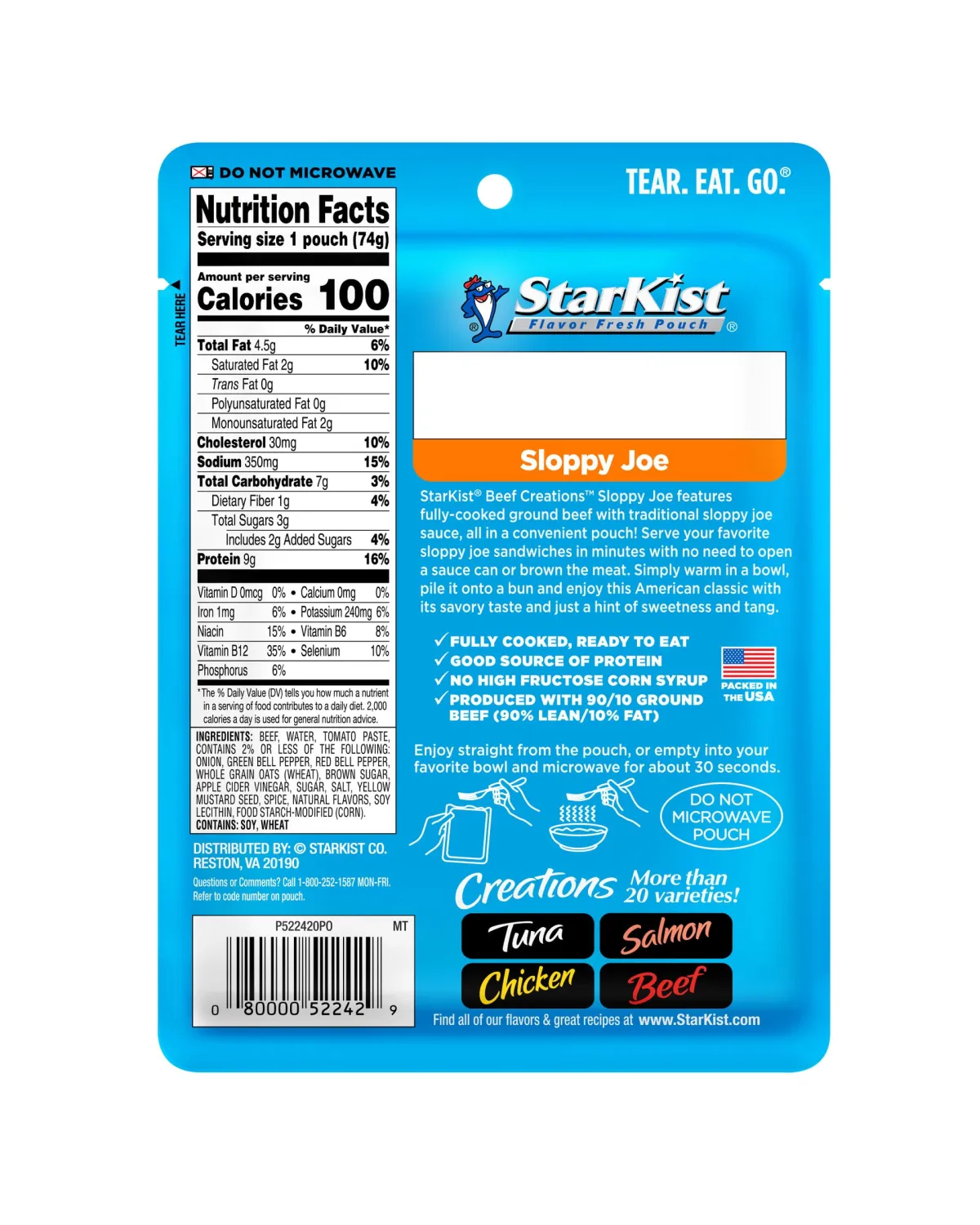 StarKist Beef Creations Sloppy Joe, 2.6 oz Pouch