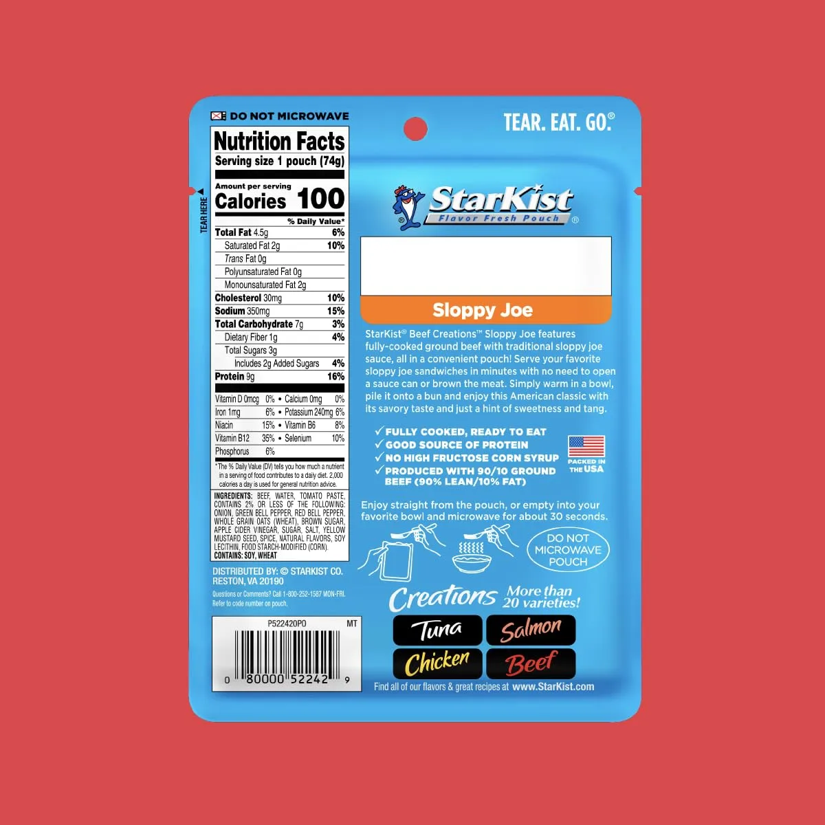 StarKist Beef Creations Sloppy Joe, 2.6 oz Pouch, 12 pack