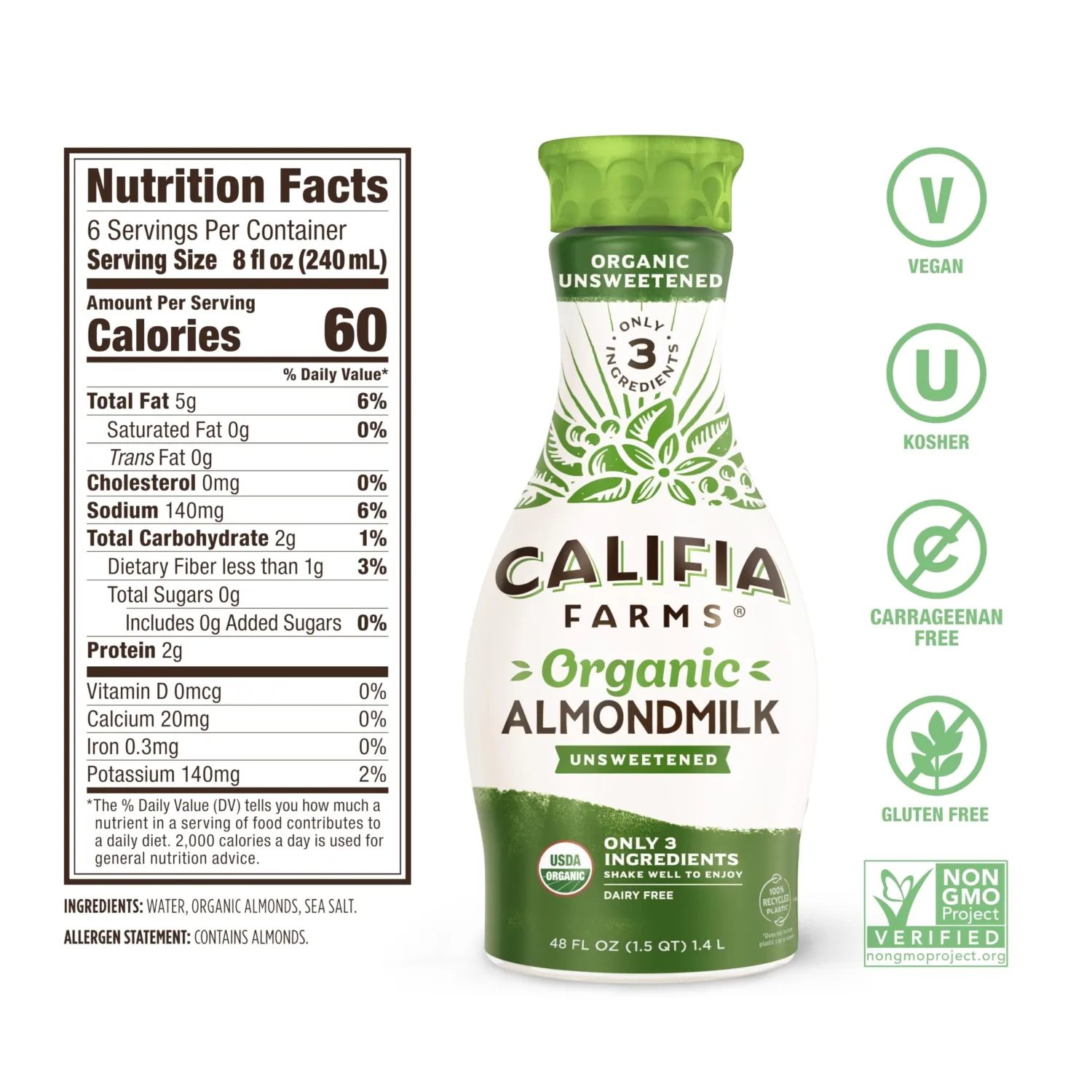 Califia Farms - Organic Unsweetened Almond Milk, 48 Oz, Dairy Free, Keto, Vegan, Plant Based, Organic Milk, Non GMO, Low Calorie, USDA Organic