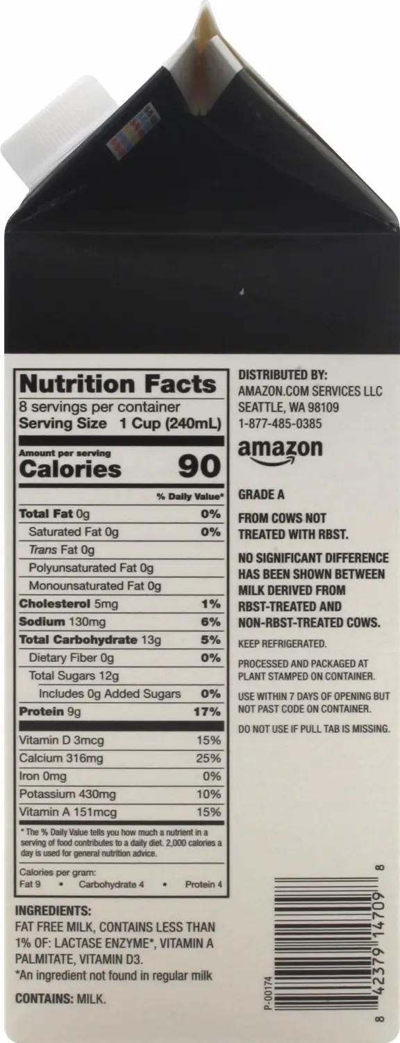 Amazon Brand, Happy Belly Fat Free Milk Lactose Free Ultra Pasteurized, Kosher, Half Gallon, 64 Fl Oz