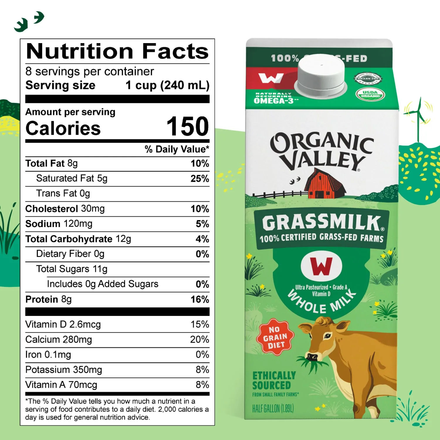 Organic Valley Grassmilk, 100% Grass Fed Whole Milk, Organic, 64 Fl Oz