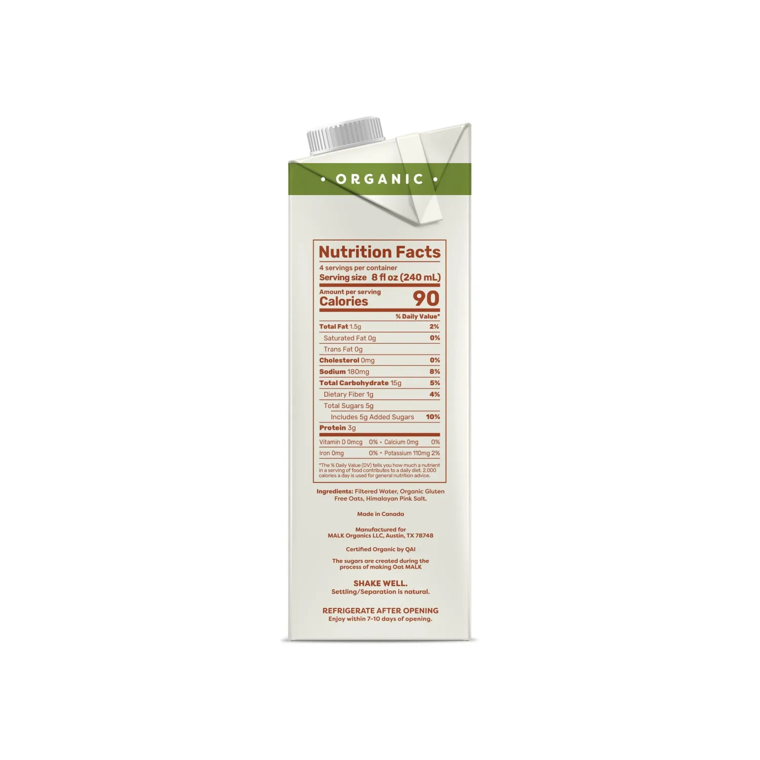 MALK Oat Milk Unsweetened - Shelf Stable Organic Oat Milk, Non GMO, Dairy Free, Vegan, Plant Based, No Gums or Fillers - Malk Oatmilk for Smoothies, Cereal, Creamy Lattes, Coffee