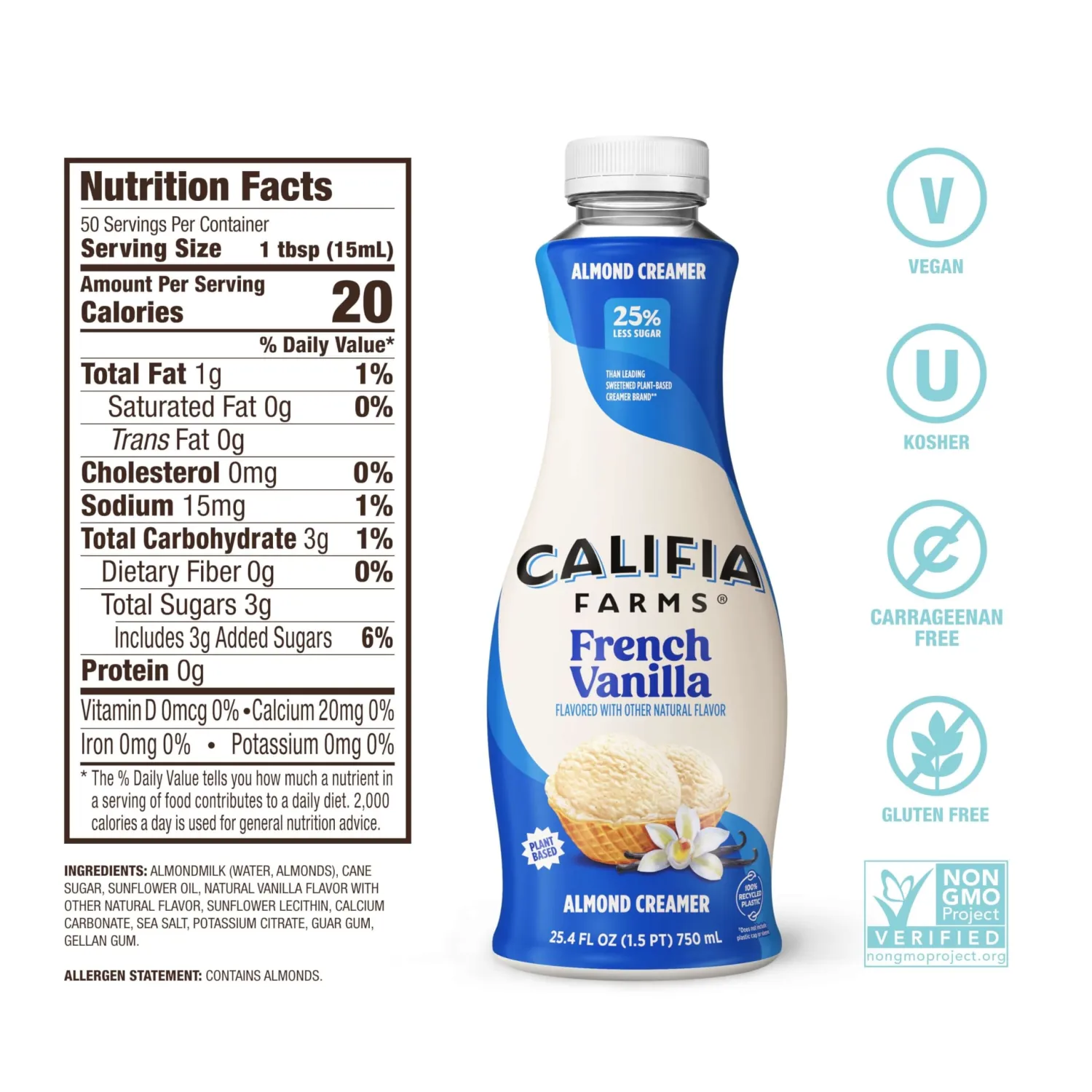 Califia Farms - French Vanilla Almond Milk Coffee Creamer, 25.4 Oz, Dairy Free, Plant Based, Vegan, Gluten Free, Non GMO
