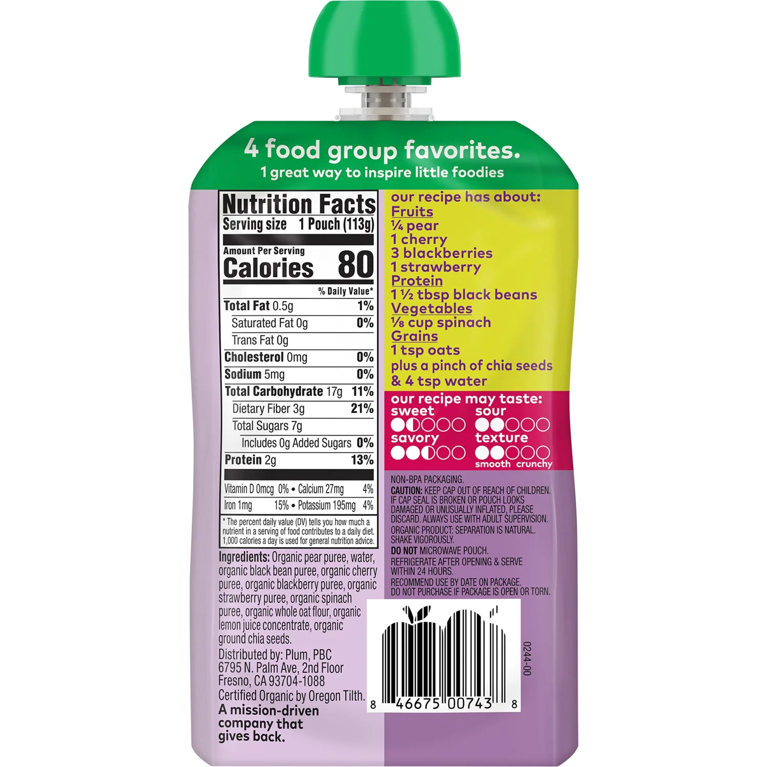 Plum Organics Mighty 4 Blends Pear, Cherry, Blackberry, Strawberry, Black Bean, Spinach & Oat, 4 Oz