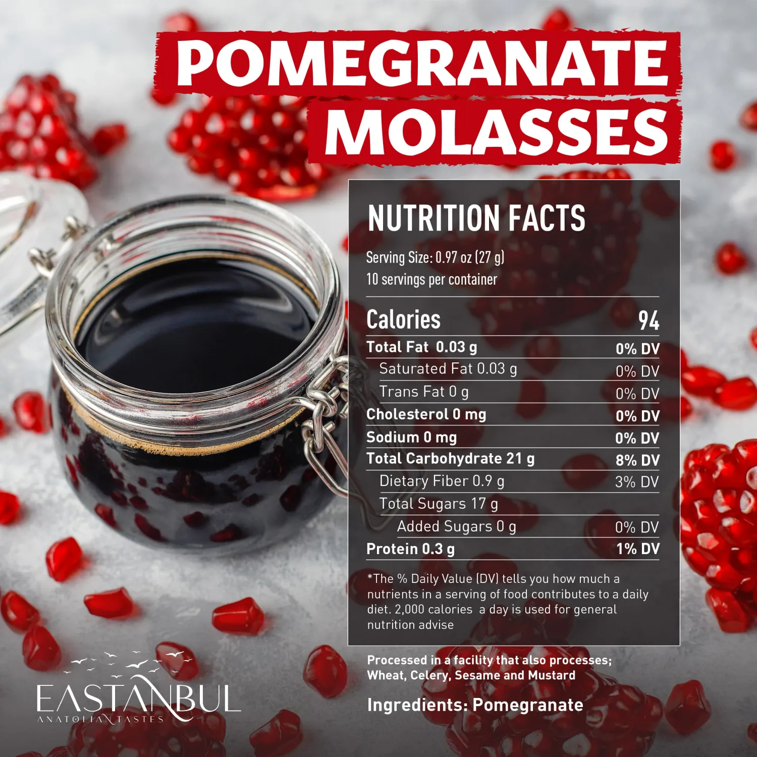 Eastanbul Pomegranate Molasses, 9.7oz, No Added Sugar, Mediterranean Pomegranate Syrup, Nar Eksisi Sweet and Sour Sauce, 100% Natural, Concentrate, Vegan Sauce, Paste, Salad Dressing, No Additives