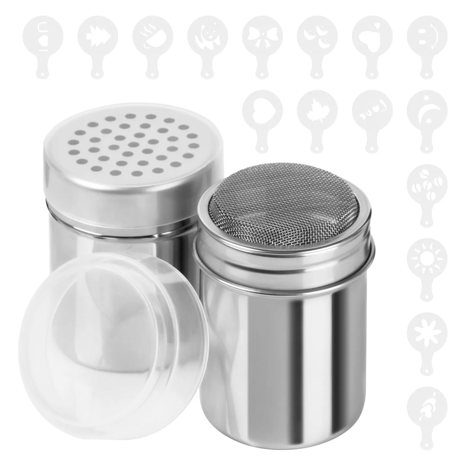 2 Pack Powder Sugar Shaker Duster & Seasoning Shaker - Fine & Large Mesh Powder Shaker for Baking Soda, Cinnamon, Salt, Sugar, Msg - Includes 16 Coffee Stencils