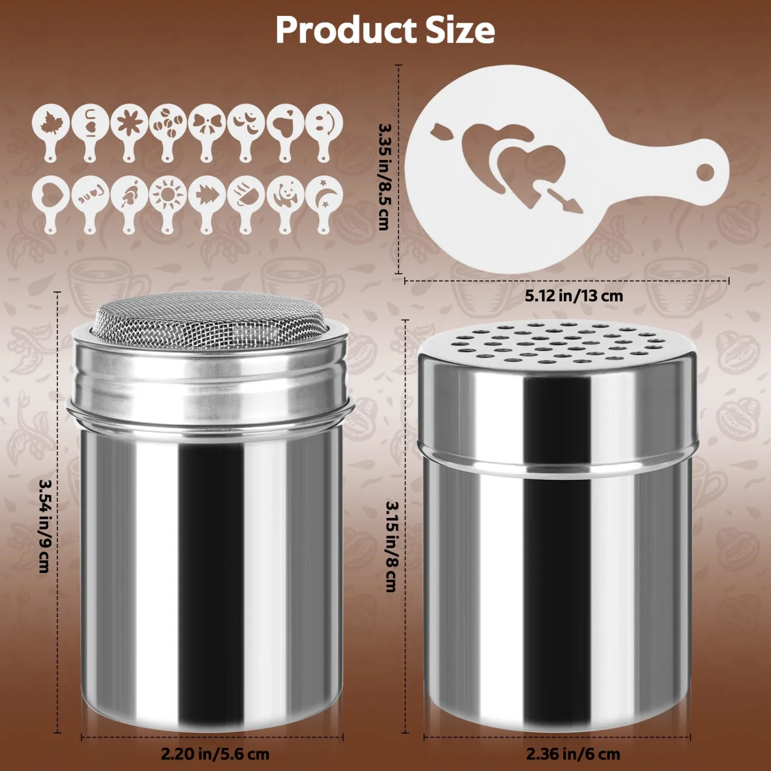 2 Pack Powder Sugar Shaker Duster & Seasoning Shaker - Fine & Large Mesh Powder Shaker for Baking Soda, Cinnamon, Salt, Sugar, Msg - Includes 16 Coffee Stencils