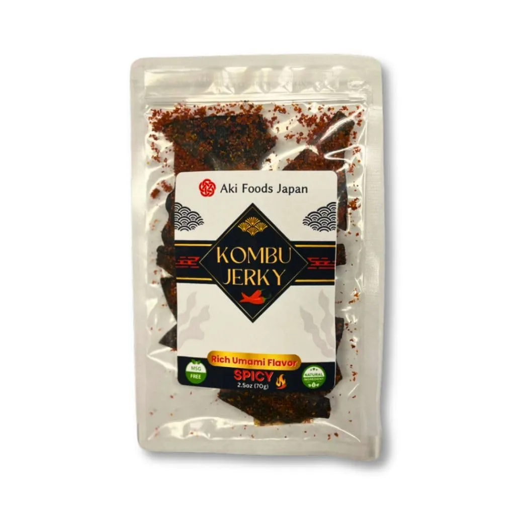Kombu Jerky 2.5oz (70g) by Aki Foods Japan – All-Natural, MSG-Free, Vegan-Friendly Seaweed Snack with Soy Sauce, Rich Umami Flavor | Made in Japan (1 Pack, Spicy)