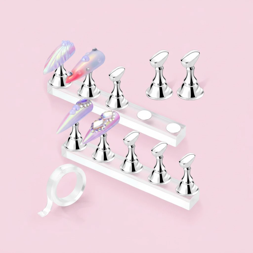 Makartt Press On Nail Stand: Silver Nail Stand for Nails Art Display Practice Nail Holder for Painting Nails Stand for False Nail Press On Designs Magnetic Fake Nail Holder with 1M Double-sided Tape