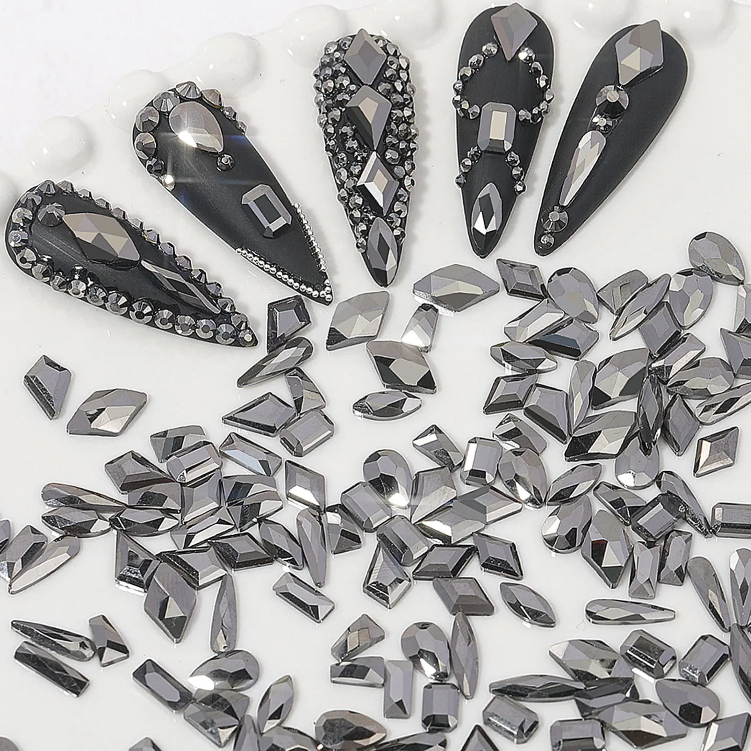 HNUIX Nail Rhinestones - 300pcs Crystals Black, Multiple Shape Gems, Flat Back Rhinestones, for Nail Art