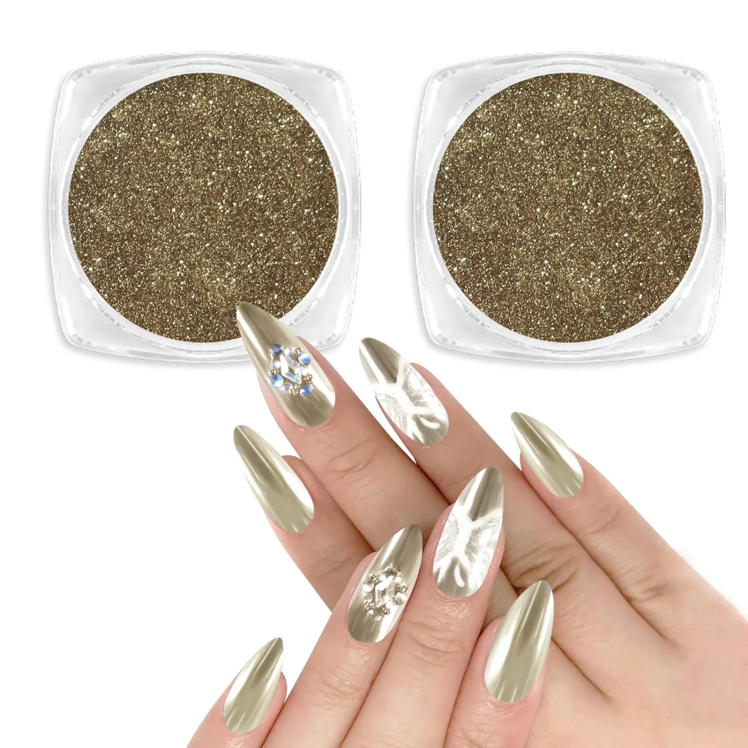 Allstarry Chrome Nail Powder 2pcs Metallic Mirror Effect Dust Glitter Glazed Manicure Decoration Reflective Pigment for Gel Polish Nail Art Decoration Resin Craft, Festivals - Champagne Gold