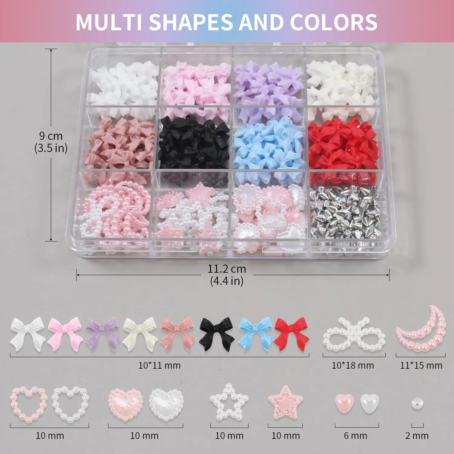 Artdone Nail Art Studs Kit, 12 grids 8 Colors 3D Charms and Pink Mix White Star Heart Moon Cute Nail Jewels for DIY Decoration with Pickup Tools
