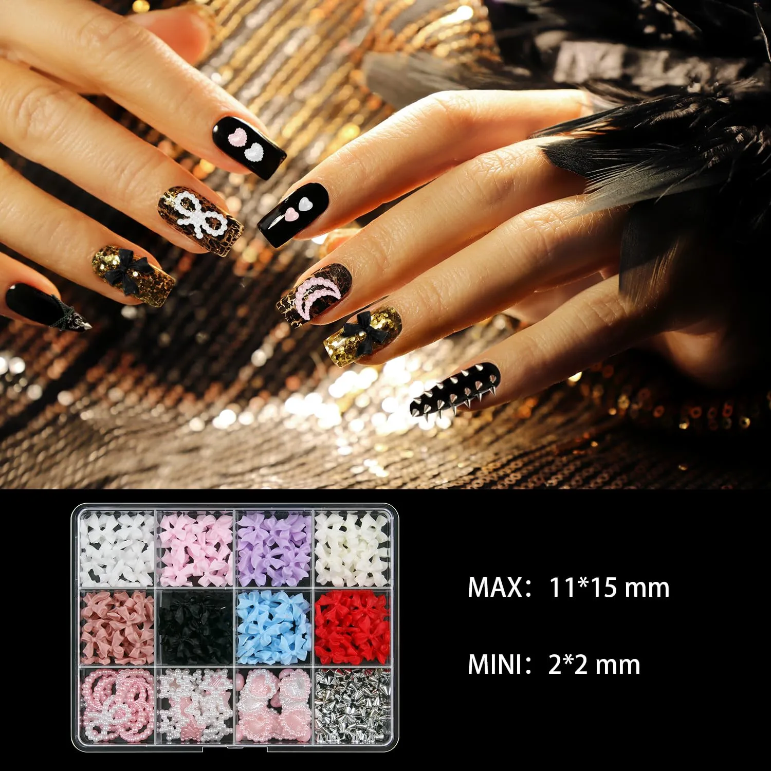 Artdone Nail Art Studs Kit, 12 grids 8 Colors 3D Charms and Pink Mix White Star Heart Moon Cute Nail Jewels for DIY Decoration with Pickup Tools