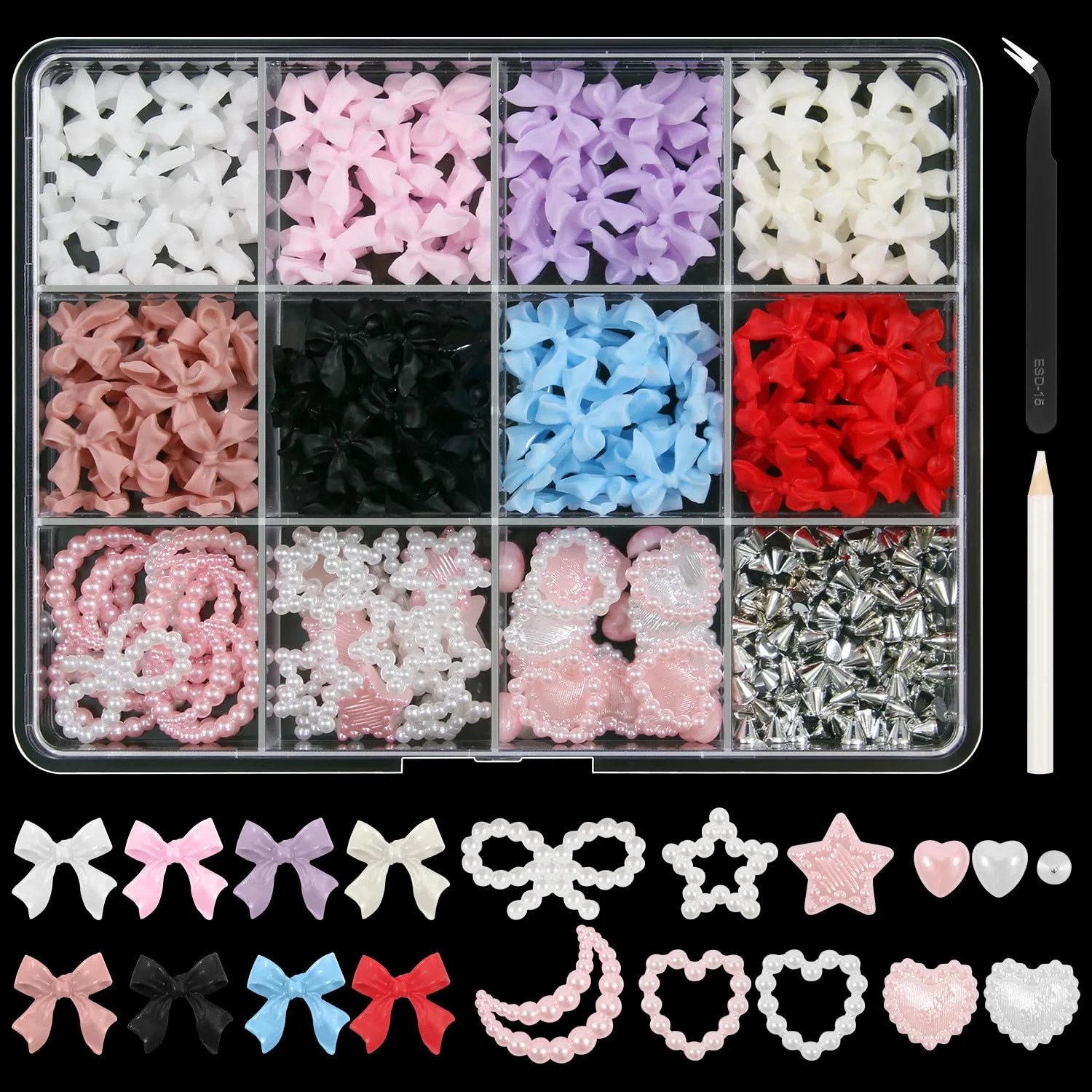 Artdone Nail Art Studs Kit, 12 grids 8 Colors 3D Charms and Pink Mix White Star Heart Moon Cute Nail Jewels for DIY Decoration with Pickup Tools