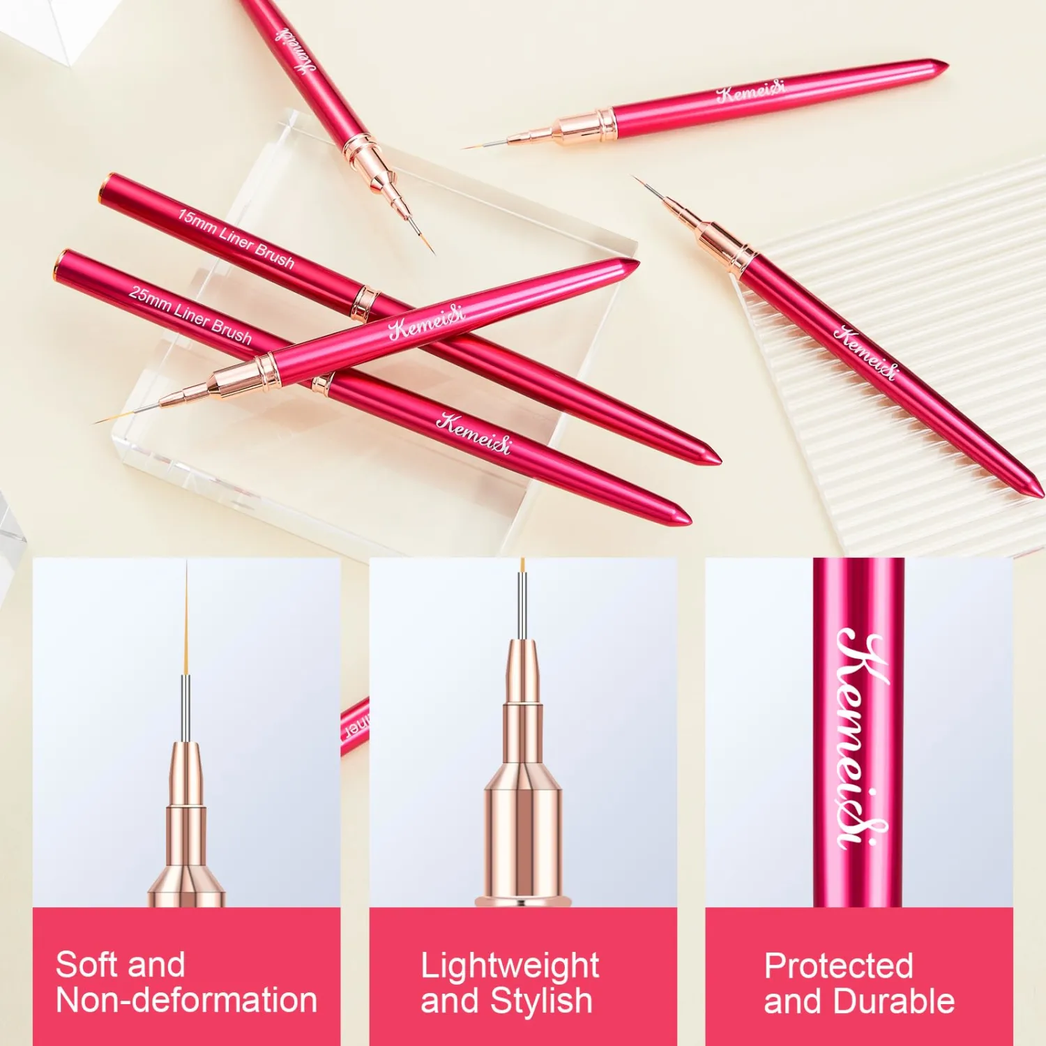 6Pcs Nail Art Liner Brushes, Striping Nail Art Brush for Gel Polish Painting, Thin Detail Brush Fine Drawing Art Design Pen Size 5/7/9/11/15/25mm