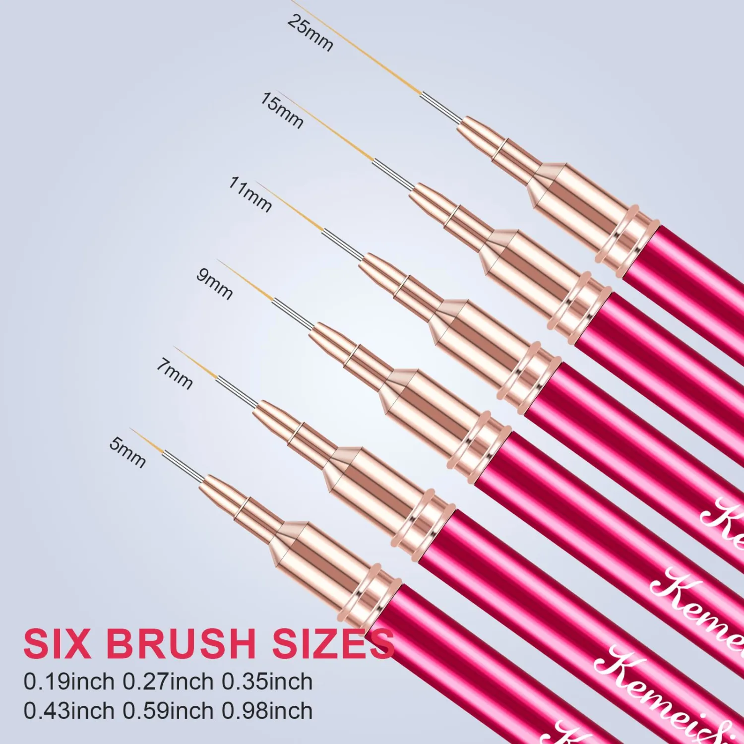 6Pcs Nail Art Liner Brushes, Striping Nail Art Brush for Gel Polish Painting, Thin Detail Brush Fine Drawing Art Design Pen Size 5/7/9/11/15/25mm