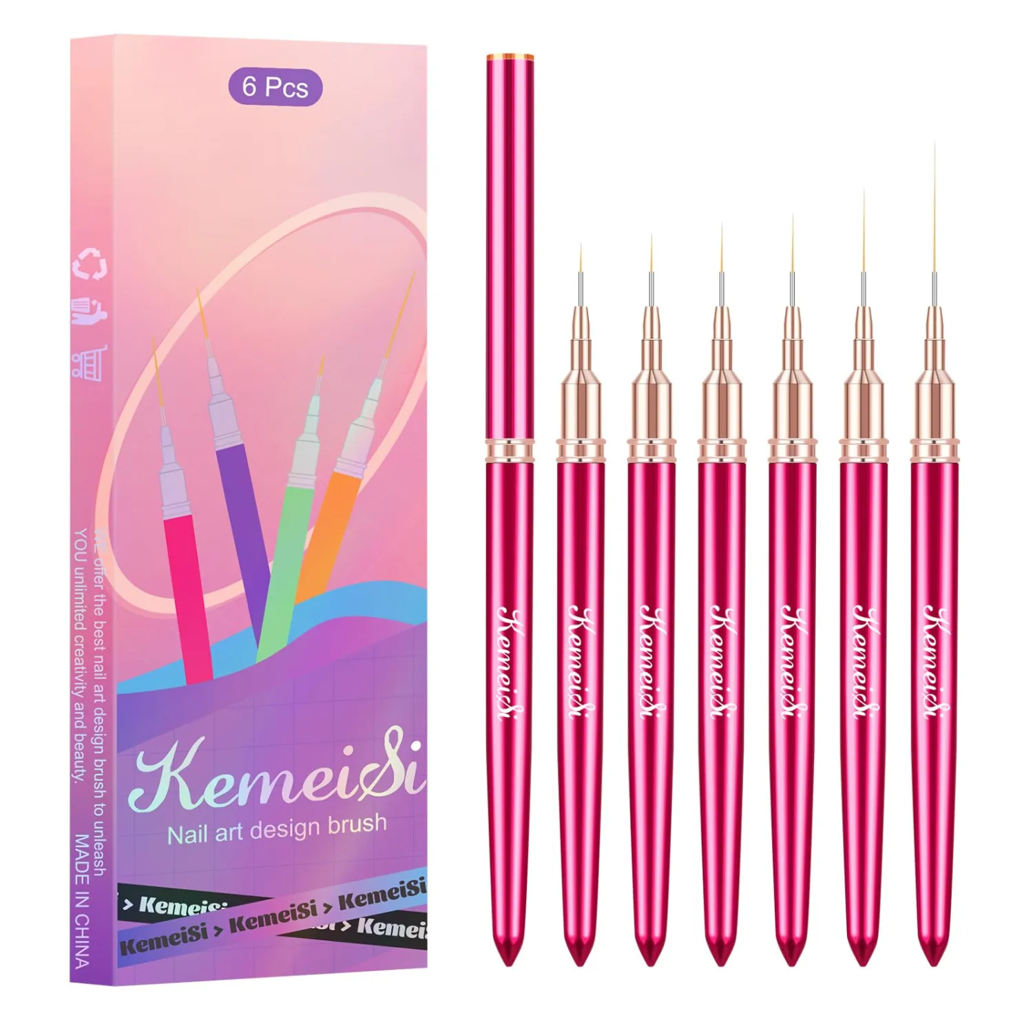 6Pcs Nail Art Liner Brushes, Striping Nail Art Brush for Gel Polish Painting, Thin Detail Brush Fine Drawing Art Design Pen Size 5/7/9/11/15/25mm