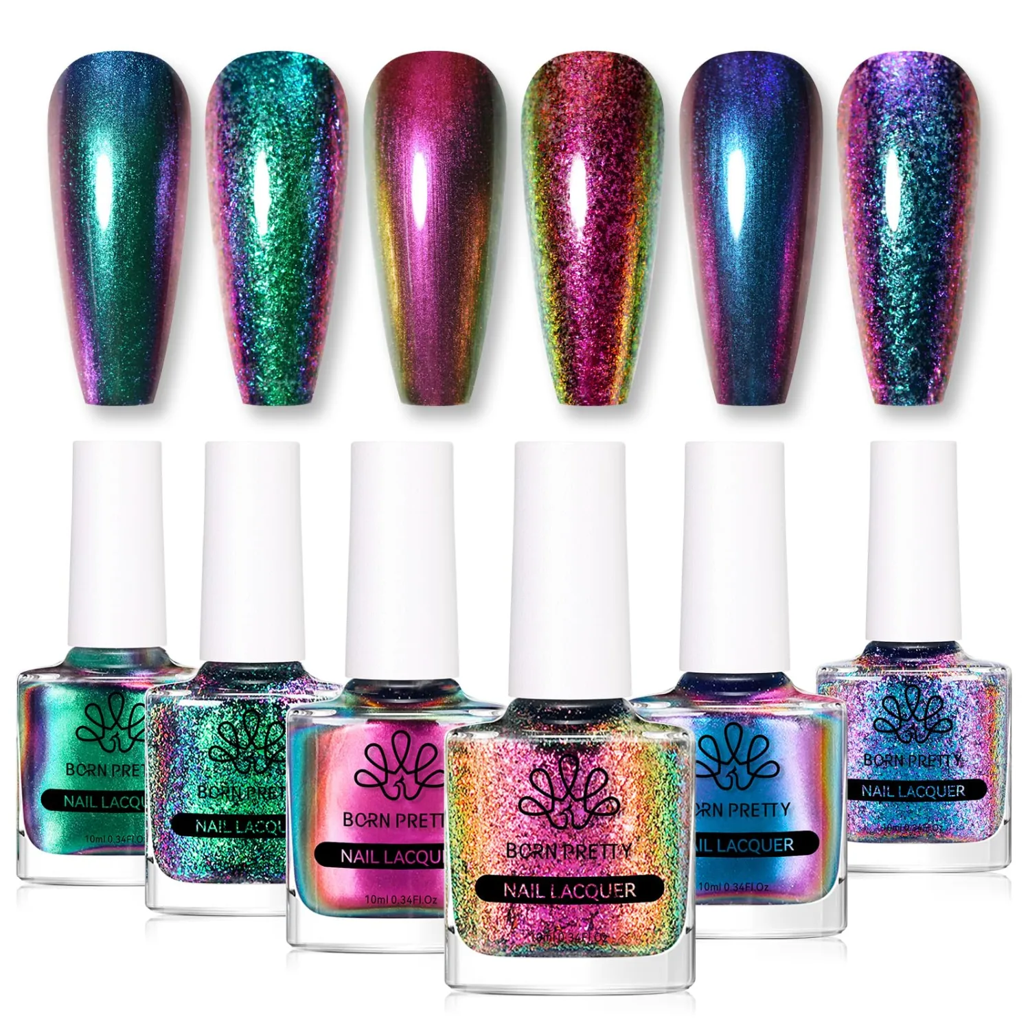 Born Pretty 6Pcs Chameleon Nail Polish Holographic Glitter Quick Dry Nail Polish Shimmer Iridescent Chrome Nail Varnish