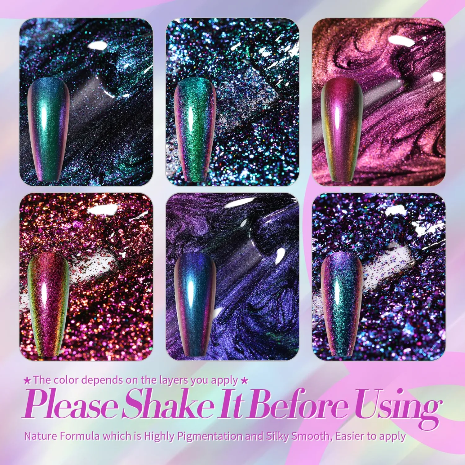 Born Pretty 6Pcs Chameleon Nail Polish Holographic Glitter Quick Dry Nail Polish Shimmer Iridescent Chrome Nail Varnish