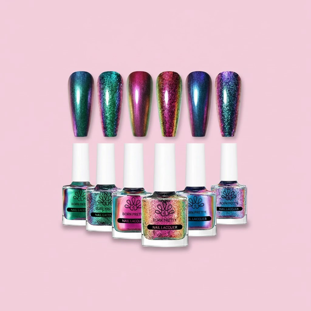 Born Pretty 6Pcs Chameleon Nail Polish Holographic Glitter Quick Dry Nail Polish Shimmer Iridescent Chrome Nail Varnish