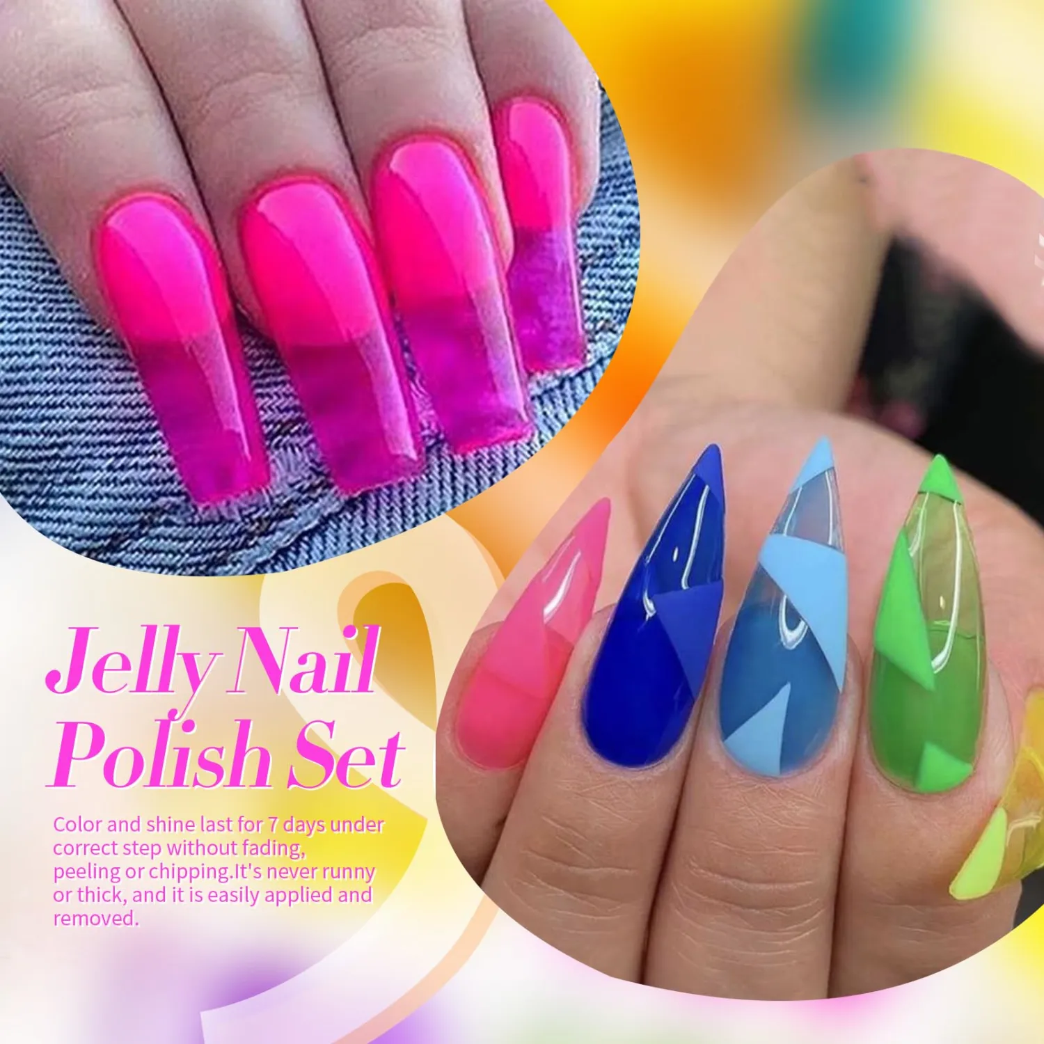 Born Pretty Neon Jelly Nail Polish Set, 6 Colors Spring Summer Ice Jelly Neon Nail Polish Quick Dry Nail Polish Kit Crystal Transparent Hot Pink Yellow Green Blue Nail Lacquer Glossy Nail Polish Set