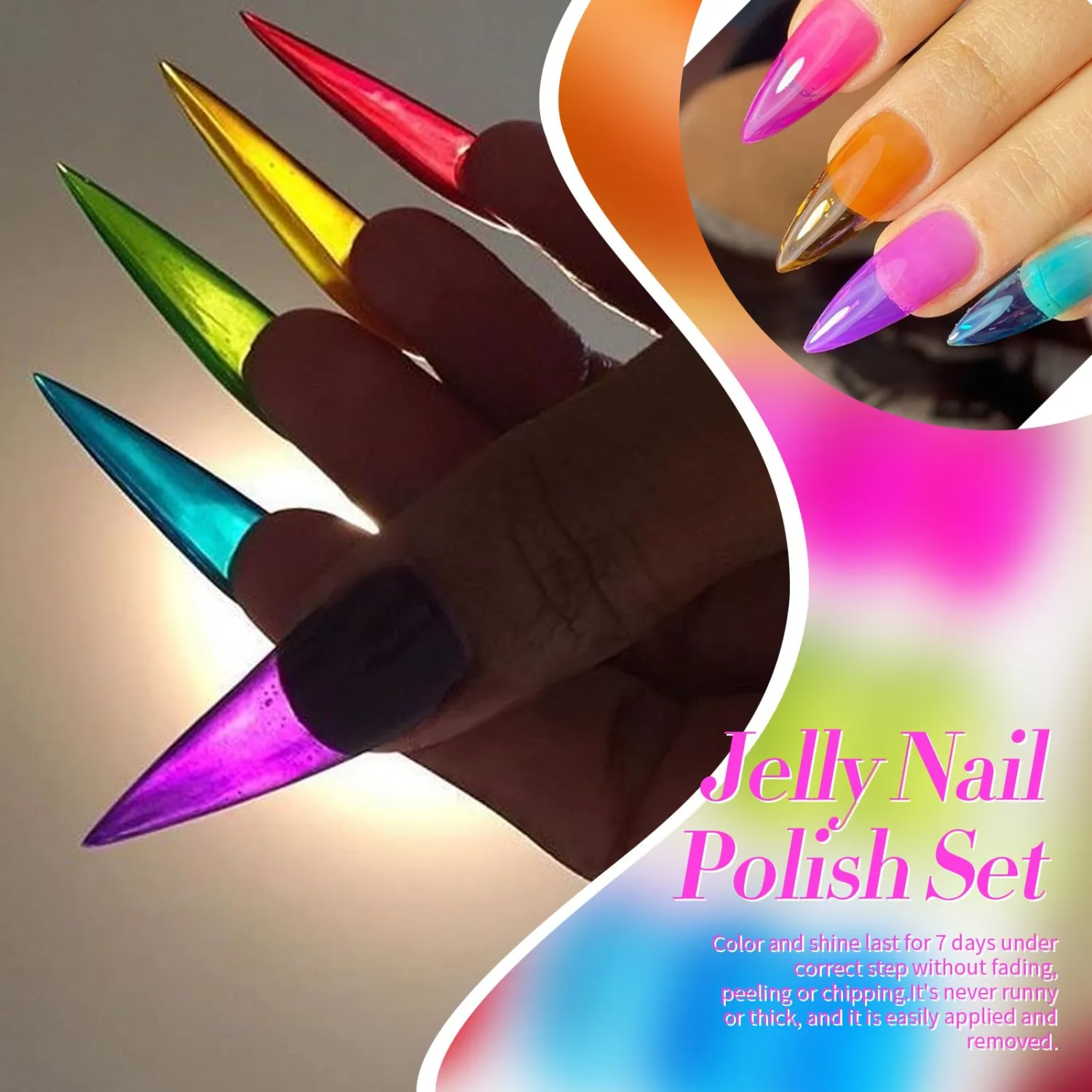 Born Pretty Neon Jelly Nail Polish Set, 6 Colors Spring Summer Ice Jelly Neon Nail Polish Quick Dry Nail Polish Kit Crystal Transparent Hot Pink Yellow Green Blue Nail Lacquer Glossy Nail Polish Set
