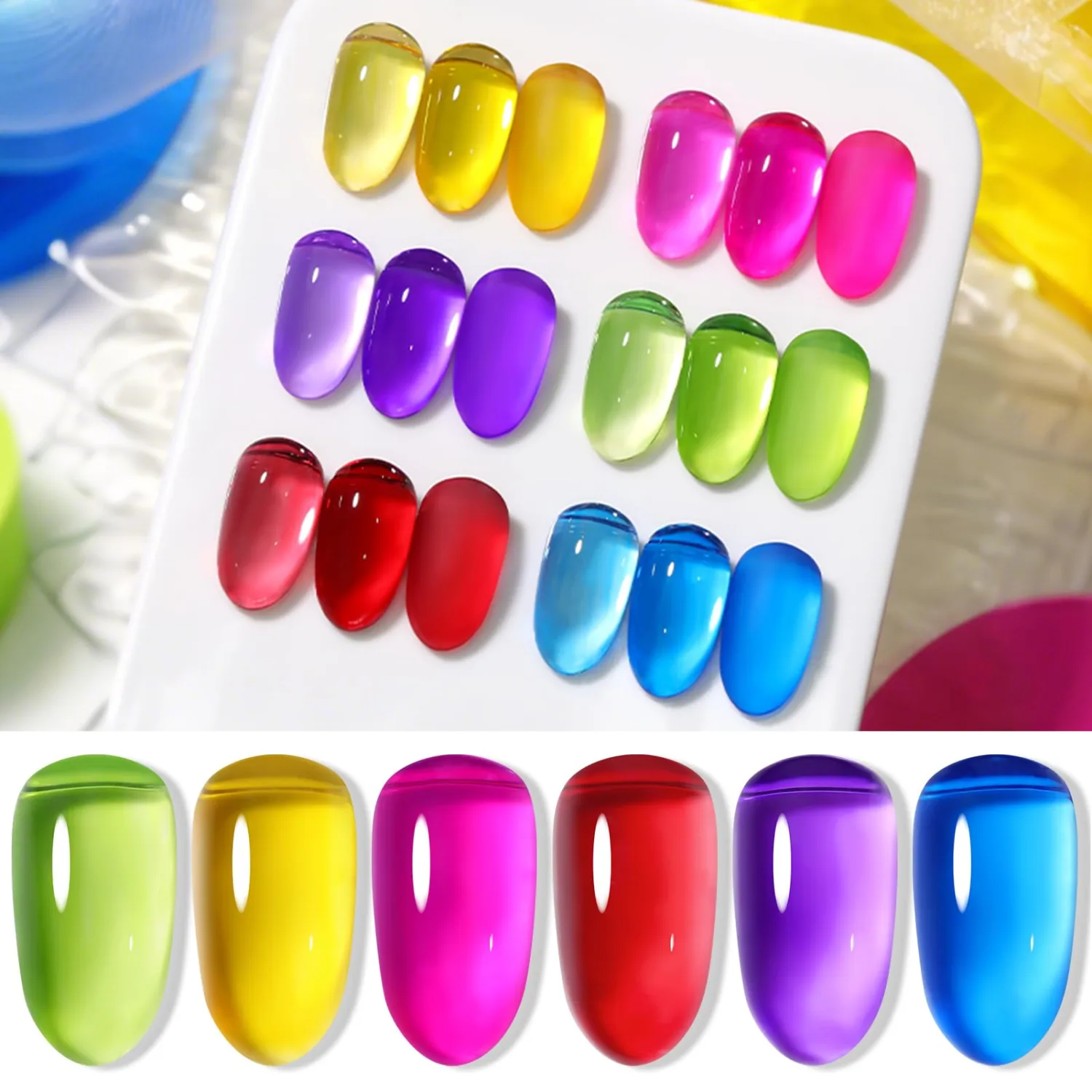 Born Pretty Neon Jelly Nail Polish Set, 6 Colors Spring Summer Ice Jelly Neon Nail Polish Quick Dry Nail Polish Kit Crystal Transparent Hot Pink Yellow Green Blue Nail Lacquer Glossy Nail Polish Set