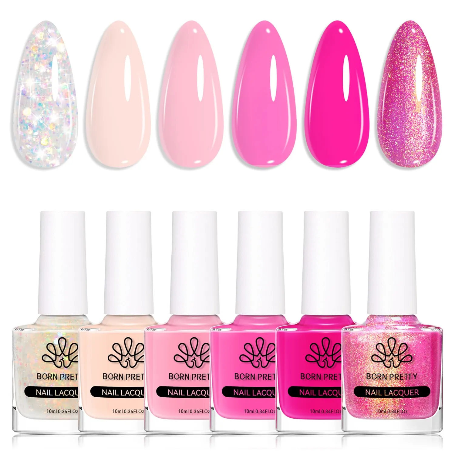 Born Pretty Pink Nail Polish Set, 6 Colors Nude Pink Hot Pink Neon Pink Glitter Nail Polish Quick Dry 10ml 0.34oz Nail Lacquer Kit for Diy Nail Art Salon Home Gifts for Women Girls