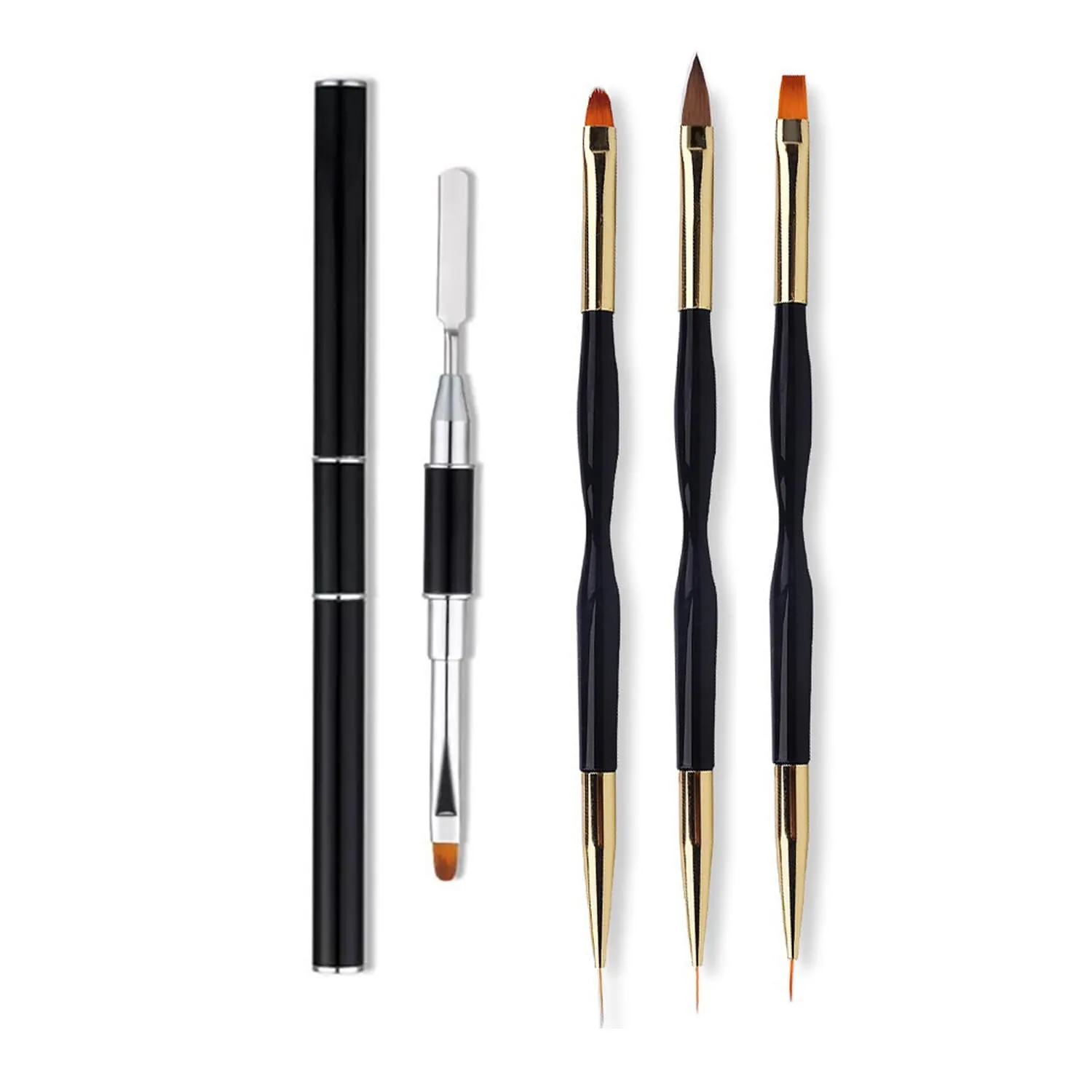 4 in 1 Set, Dual-Ended Polygel Brush Picker Brush, 3 Pcs Nail Drawing Pen, Dual End Nail Art Pen Brush Acrylic Round Flat Painting Drawing Liner Nail Tools