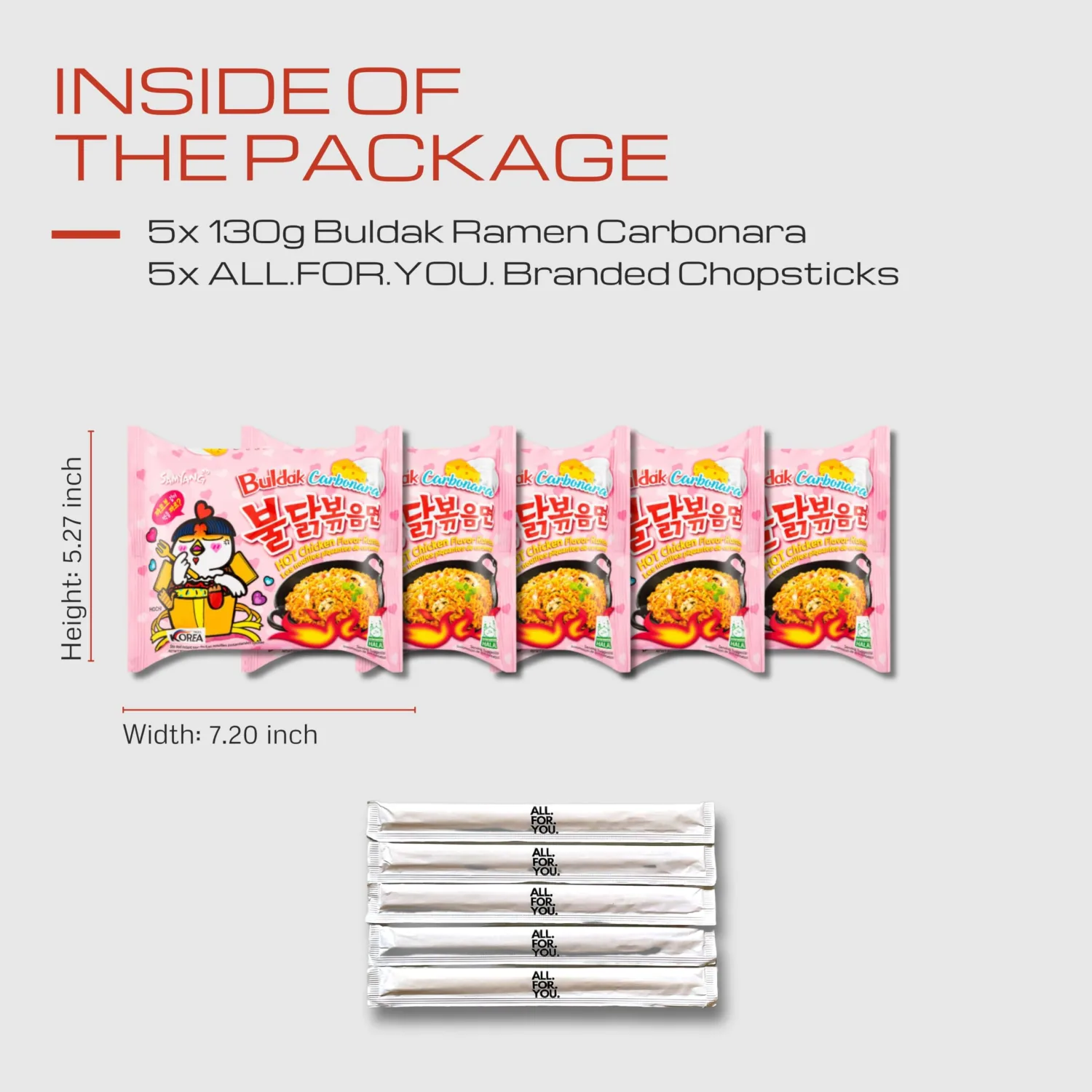Buldak Ramen Noodles - 5 Pack - Carbonara Flavor - Spicy Ramen Noodles Samyang Buldak Ramen Korean Spicy Hot Chicken Stir-Fried Noodles Bundle with 5 ALL.FOR.YOU. Branded Chopsticks, 1
