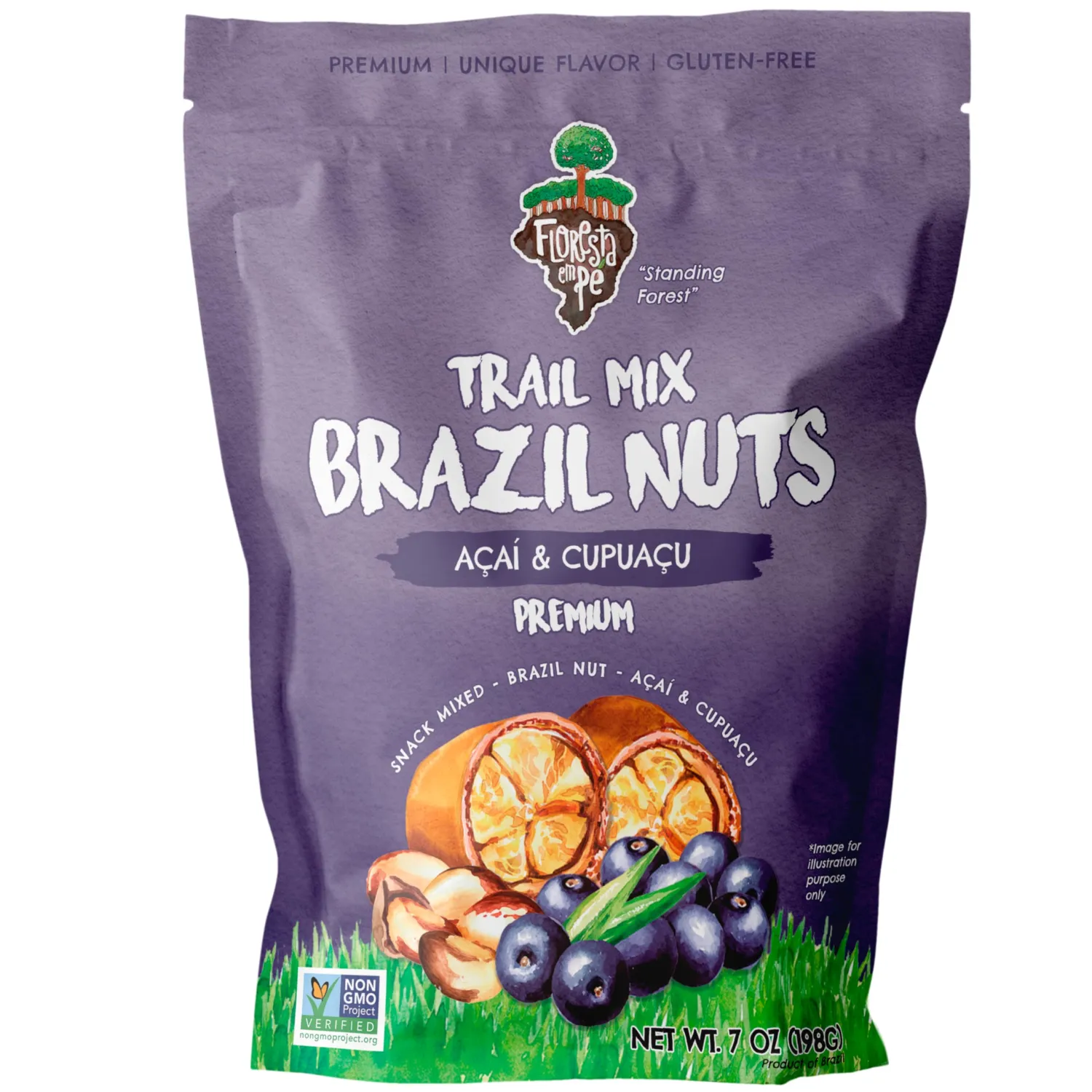 FLORESTA EM PÉ - Açai Trail Mix (7oz) - The True Organic Brazil Nuts Roasted + Açai Fruit Nibs + Cupuaçu Fruit Nibs | Nutrient-rich Combination | Non-Gmo | Fresh | Vegan | Gluten Free - Premium Snack Mix by Floresta em Pé