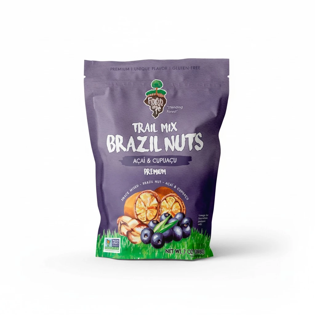 FLORESTA EM PÉ - Açai Trail Mix (7oz) - The True Organic Brazil Nuts Roasted + Açai Fruit Nibs + Cupuaçu Fruit Nibs | Nutrient-rich Combination | Non-Gmo | Fresh | Vegan | Gluten Free - Premium Snack Mix by Floresta em Pé