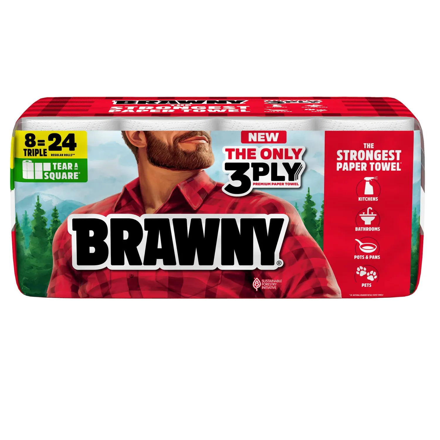 Brawny Tear-A-Square 3-Ply Paper Towels, 8 Triple Rolls = 24 Regular Rolls, Strong, Absorbent, and Durable with 3 Sheet Sizes (Quarter, Half, Full)