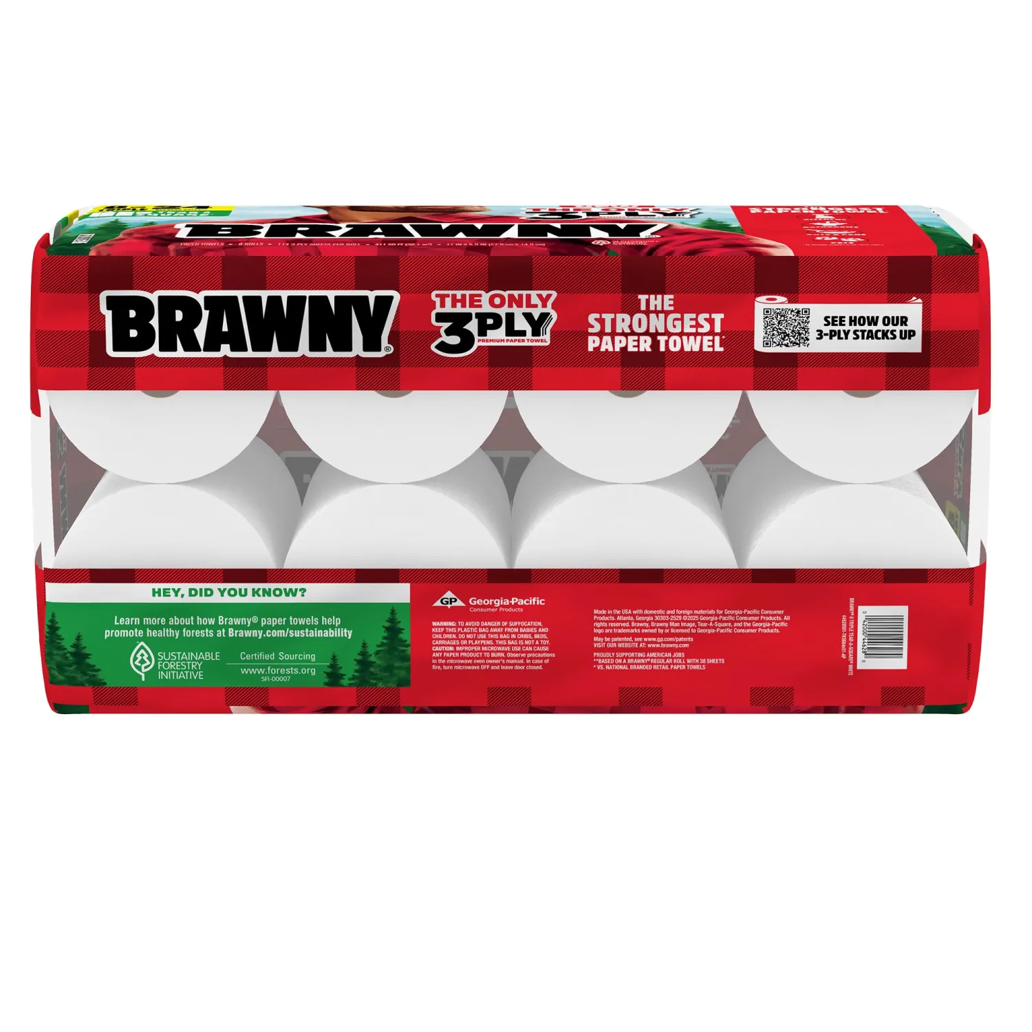 Brawny Tear-A-Square 3-Ply Paper Towels, 8 Triple Rolls = 24 Regular Rolls, Strong, Absorbent, and Durable with 3 Sheet Sizes (Quarter, Half, Full)