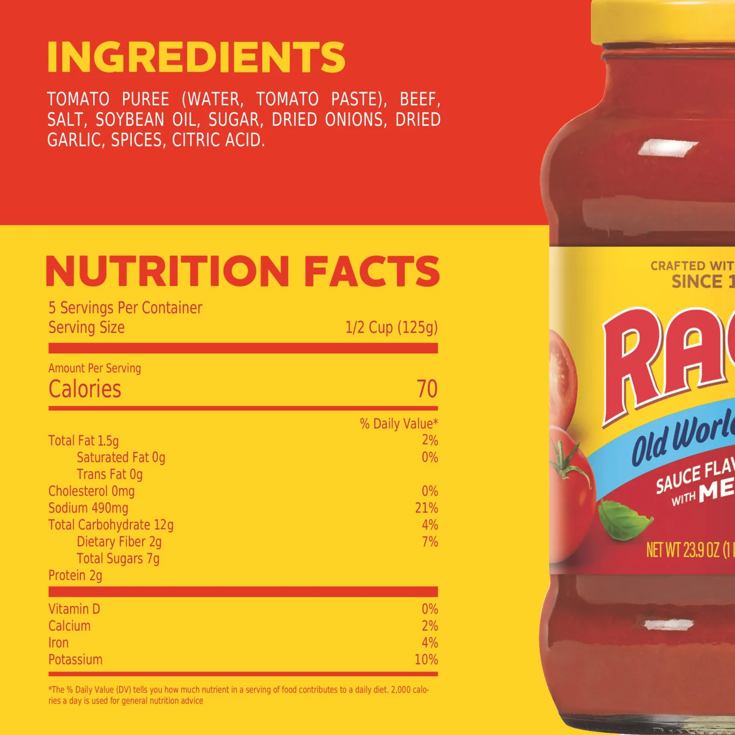 Ragu Old World Style Sauce Flavored with Meat, Made with Olive Oil, Perfect for Italian Style Meals at Home, 24 OZ