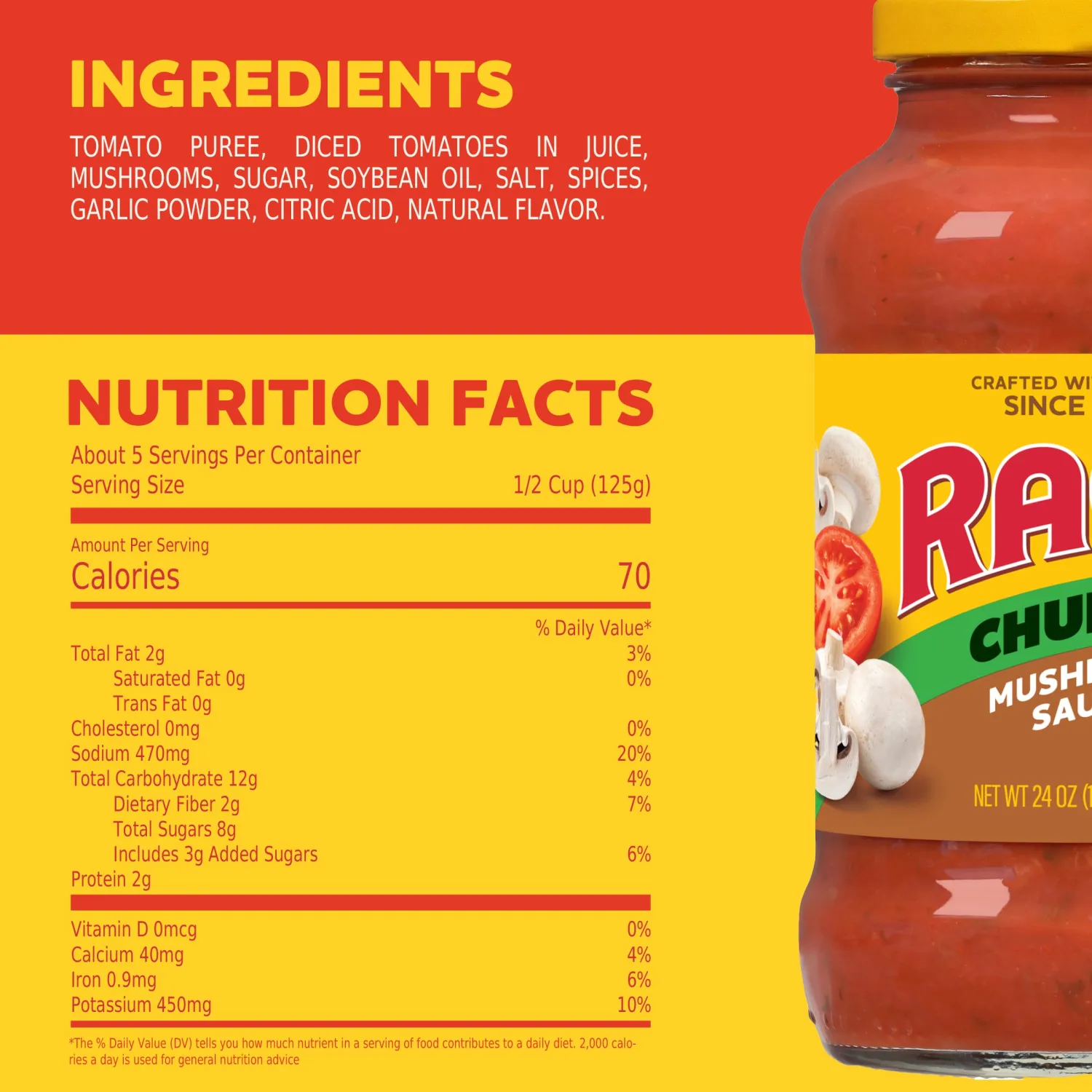 Ragu Chunky Super Chunky Mushroom Pasta Sauce with Hearty Mushrooms, Diced Tomatoes, and Italian Herbs and Spices, 24 OZ