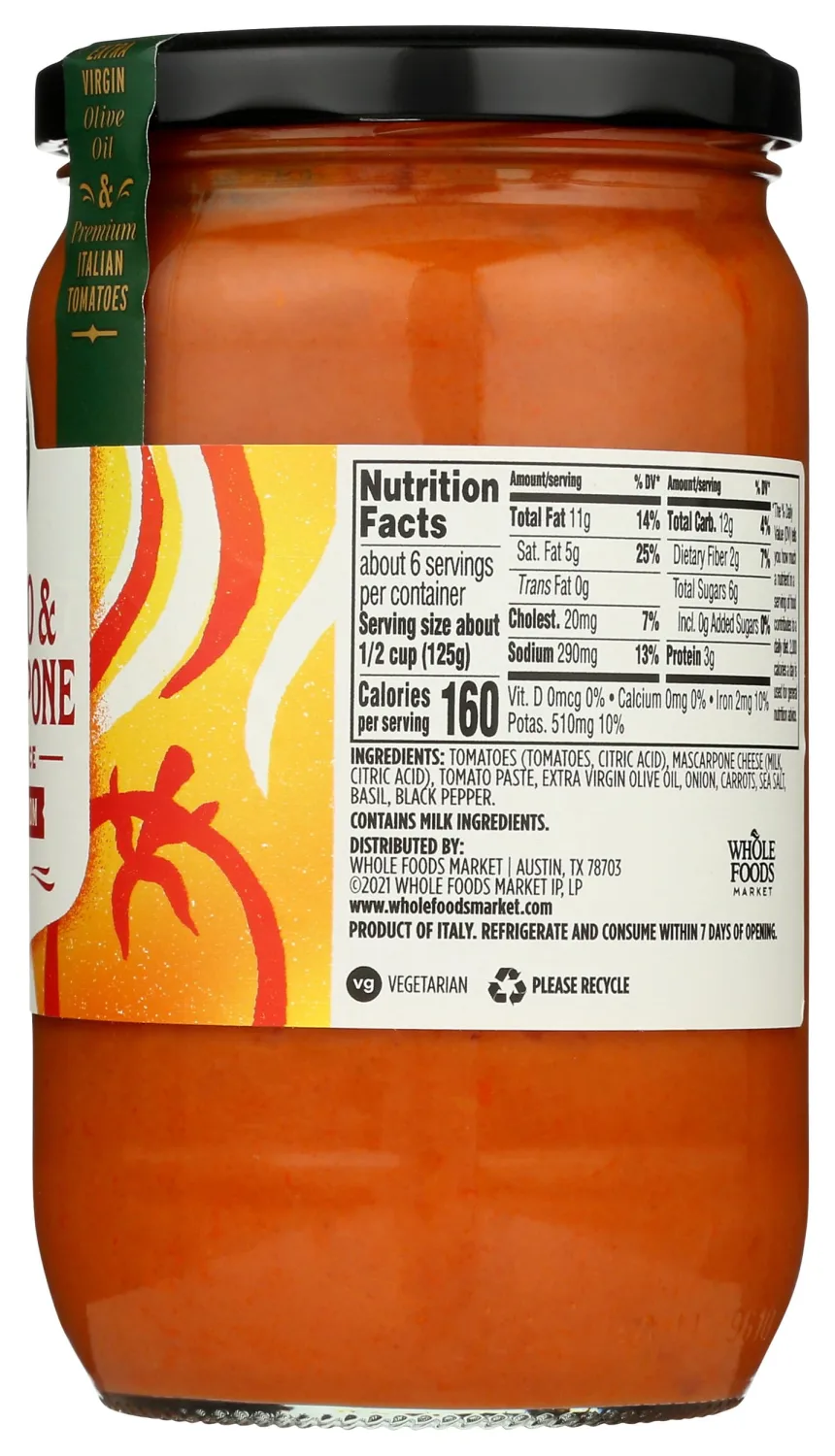 Whole Foods Market Tomato & Mascarpone Pasta Sauce, 24.3 oz