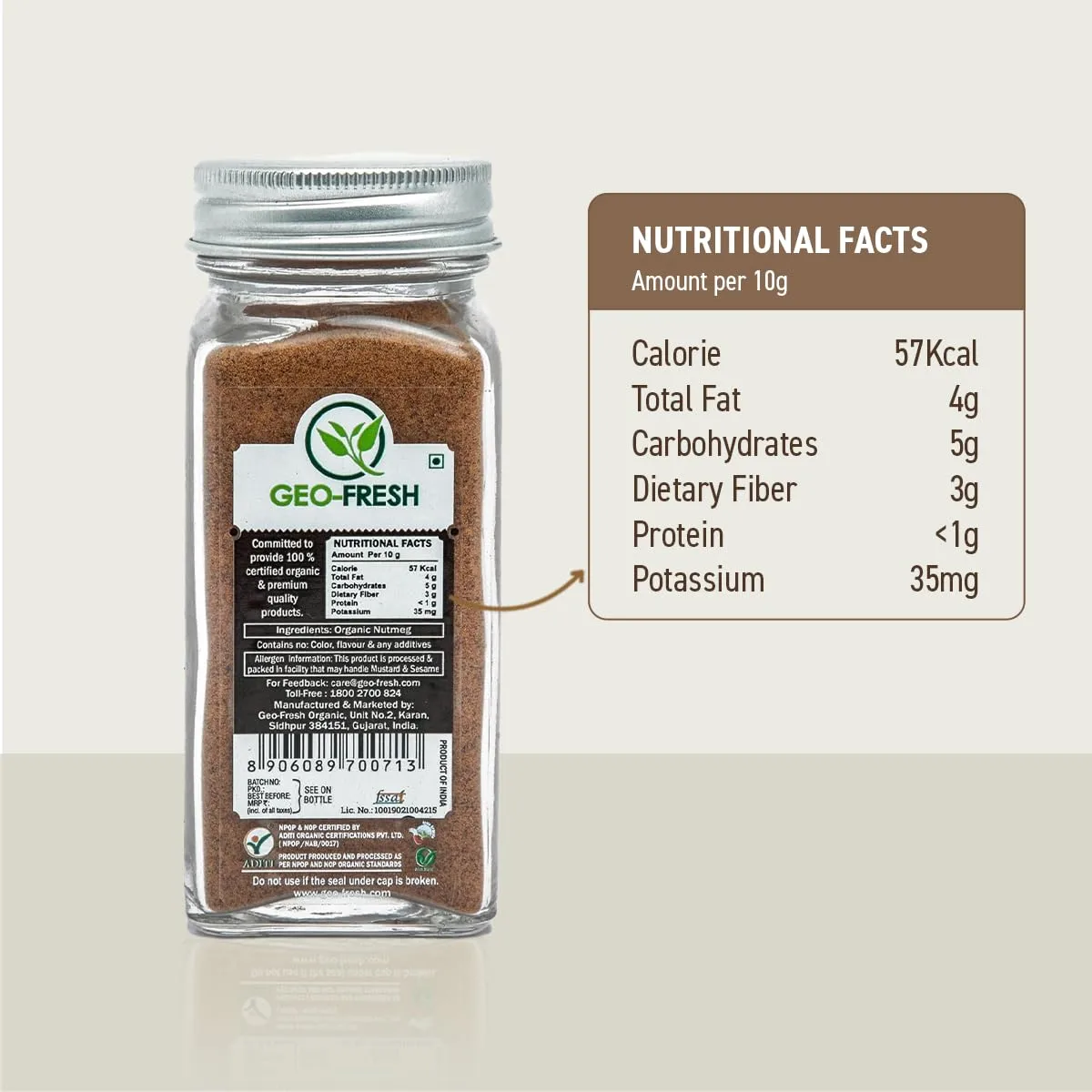 Geo-Fresh Organic Nutmeg Ground Powder, 1.76 oz (50g) - Ground Nutmeg for Baking & Cooking - Premium Nutmeg Powder Organic - USDA Certified Organic - Non-GMO, Kosher & Gluten-Free - Aromatic & Freshly Sourced
