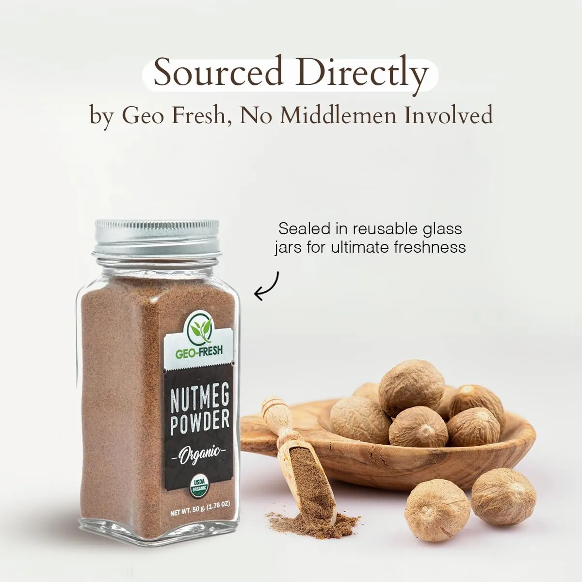 Geo-Fresh Organic Nutmeg Ground Powder, 1.76 oz (50g) - Ground Nutmeg for Baking & Cooking - Premium Nutmeg Powder Organic - USDA Certified Organic - Non-GMO, Kosher & Gluten-Free - Aromatic & Freshly Sourced