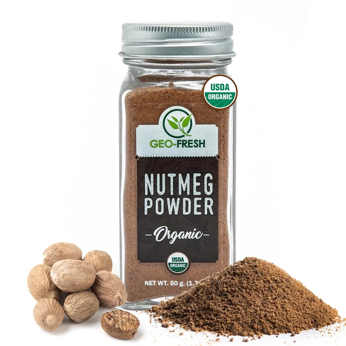 Geo-Fresh Organic Nutmeg Ground Powder, 1.76 oz (50g) - Ground Nutmeg for Baking & Cooking - Premium Nutmeg Powder Organic - USDA Certified Organic - Non-GMO, Kosher & Gluten-Free - Aromatic & Freshly Sourced