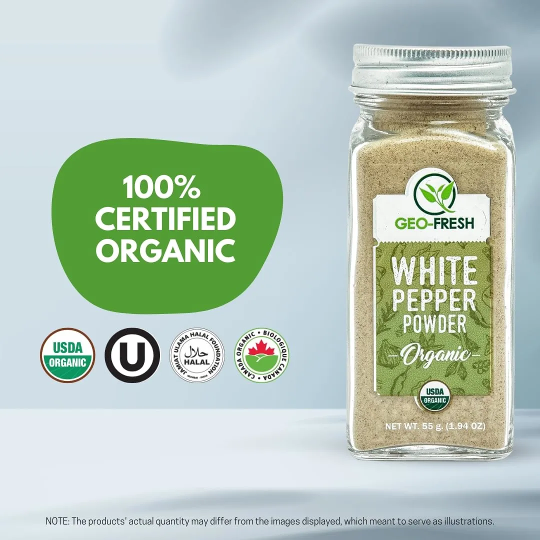 Geo-Fresh Organic White Pepper Ground – 1.94 oz Glass Jar – White Pepper Powder – USDA Certified, Non-GMO, Kosher, Gluten-Free – Premium Organic Spice for Cooking & Seasoning